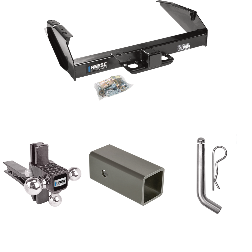 Fits 1987-1996 Ford F-350 Trailer Hitch Tow PKG w/ 2-1/2" to 2" Adapter 6" Length + Adjustable Drop Rise Triple Ball Ball Mount 1-7/8" & 2" & 2-5/16" Trailer Balls + Pin/Clip By Reese Towpower