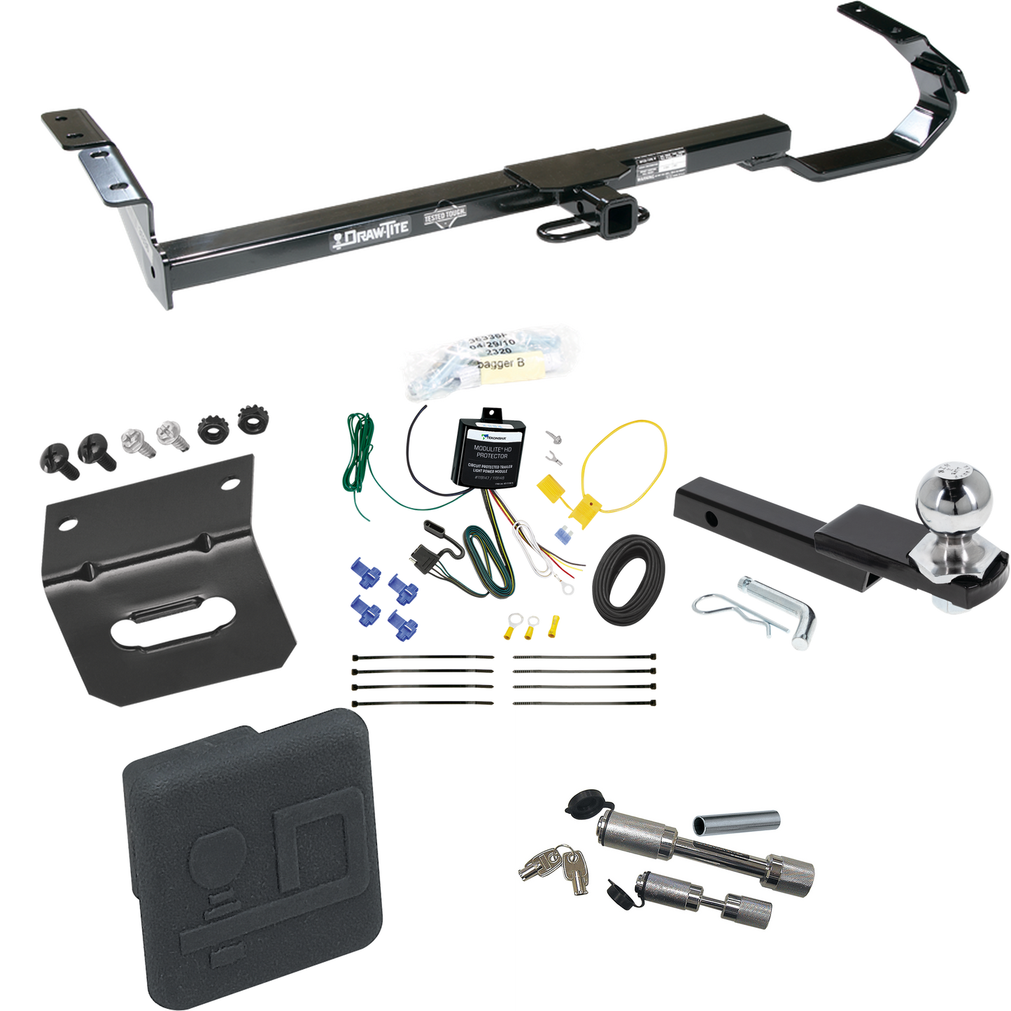 Fits 1997-2003 Lexus ES300 Trailer Hitch Tow PKG w/ 4-Flat Wiring Harness + Interlock Starter Kit w/ 2" Ball 1-1/4" Drop 3/4" Rise + Wiring Bracket + Hitch Cover + Dual Hitch & Coupler Locks By Draw-Tite