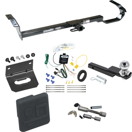 Fits 1997-2003 Lexus ES300 Trailer Hitch Tow PKG w/ 4-Flat Wiring Harness + Interlock Starter Kit w/ 2" Ball 1-1/4" Drop 3/4" Rise + Wiring Bracket + Hitch Cover + Dual Hitch & Coupler Locks By Draw-Tite