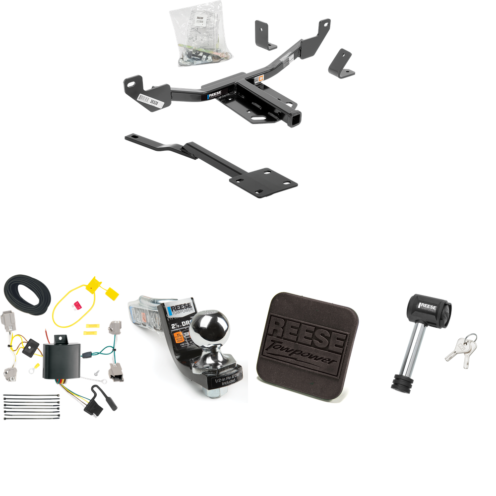 Fits 2014-2020 Chevrolet Impala Trailer Hitch Tow PKG w/ 4-Flat Wiring Harness + Interlock Starter Kit w/ 2" Ball 2-1/2" Drop 2" Rise + Hitch Cover + Hitch Lock (Excludes: Impala Limited Models) By Reese Towpower