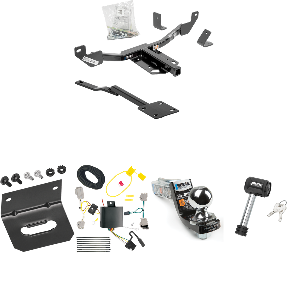 Fits 2014-2020 Chevrolet Impala Trailer Hitch Tow PKG w/ 4-Flat Wiring Harness + Interlock Starter Kit w/ 2" Ball 2-1/2" Drop 2" Rise + Wiring Bracket + Hitch Lock (Excludes: Impala Limited Models) By Reese Towpower