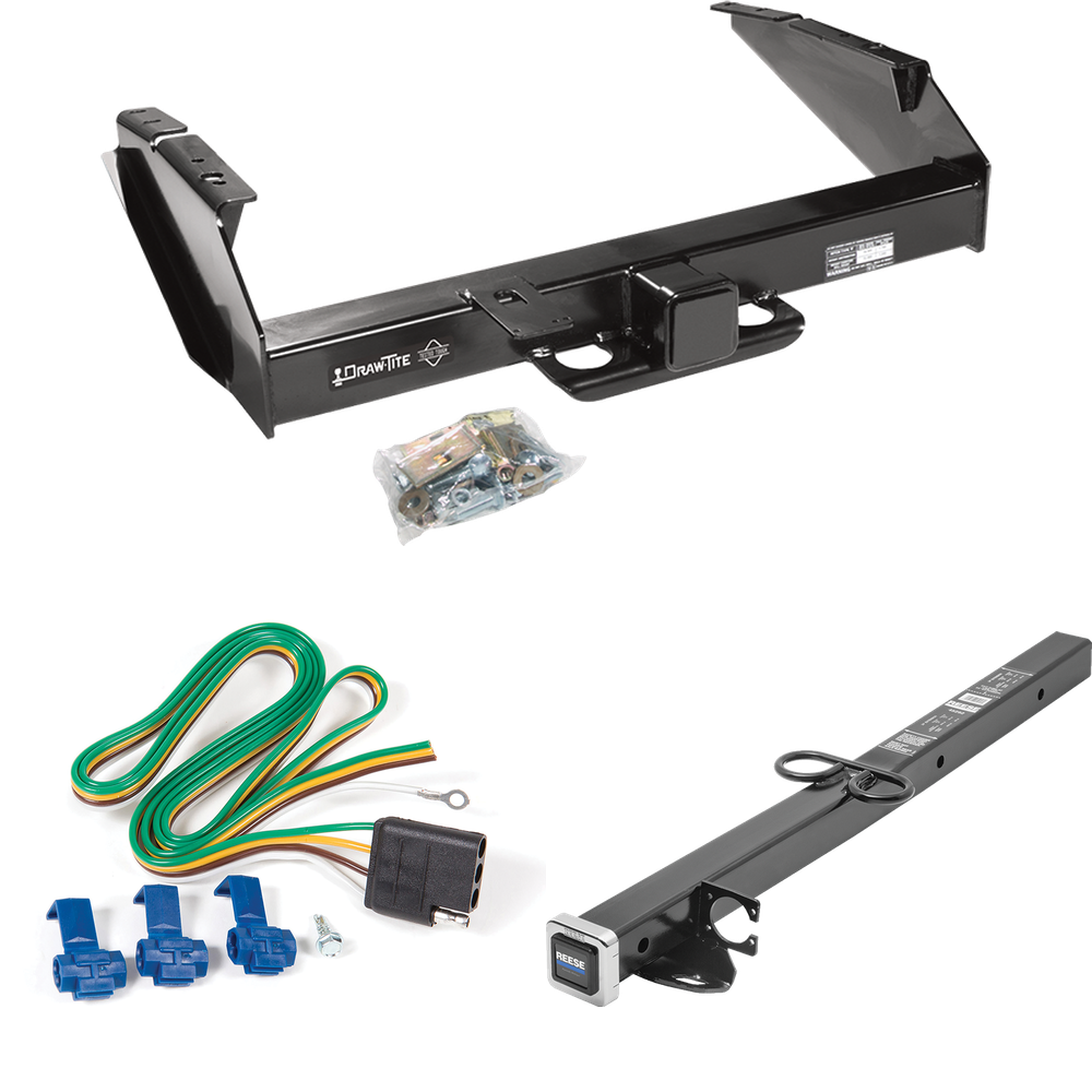Fits 1980-1986 Ford F-350 Trailer Hitch Tow PKG w/ 4-Flat Wiring Harness + 2-1/2" to 2" Adapter 24" Length (Excludes: w/Custom Fascia Models) By Draw-Tite
