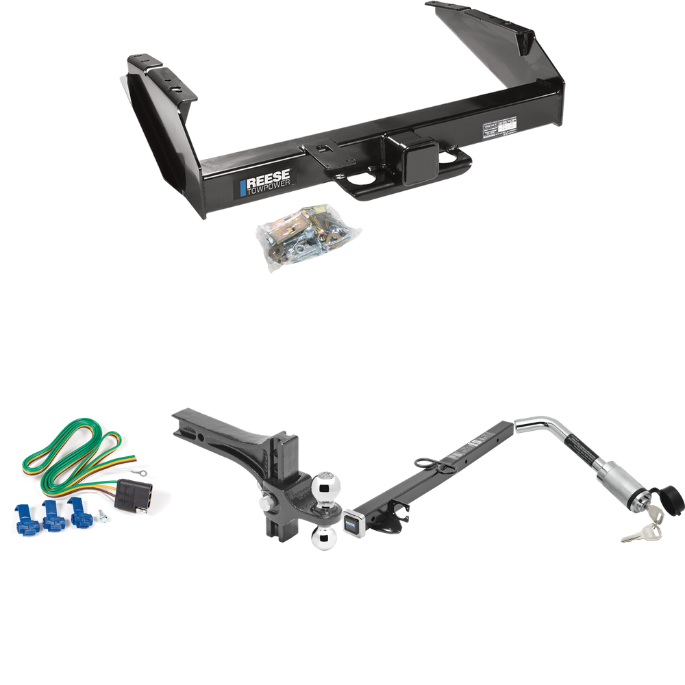 Fits 1980-1986 Ford F-250 Trailer Hitch Tow PKG w/ 4-Flat Wiring Harness + 2-1/2" to 2" Adapter 24" Length + Adjustable Drop Rise Dual Ball Ball Mount 2" & 2-5/16" Trailer Balls + Hitch Lock (Excludes: w/Custom Fascia Models) By Reese Towpower