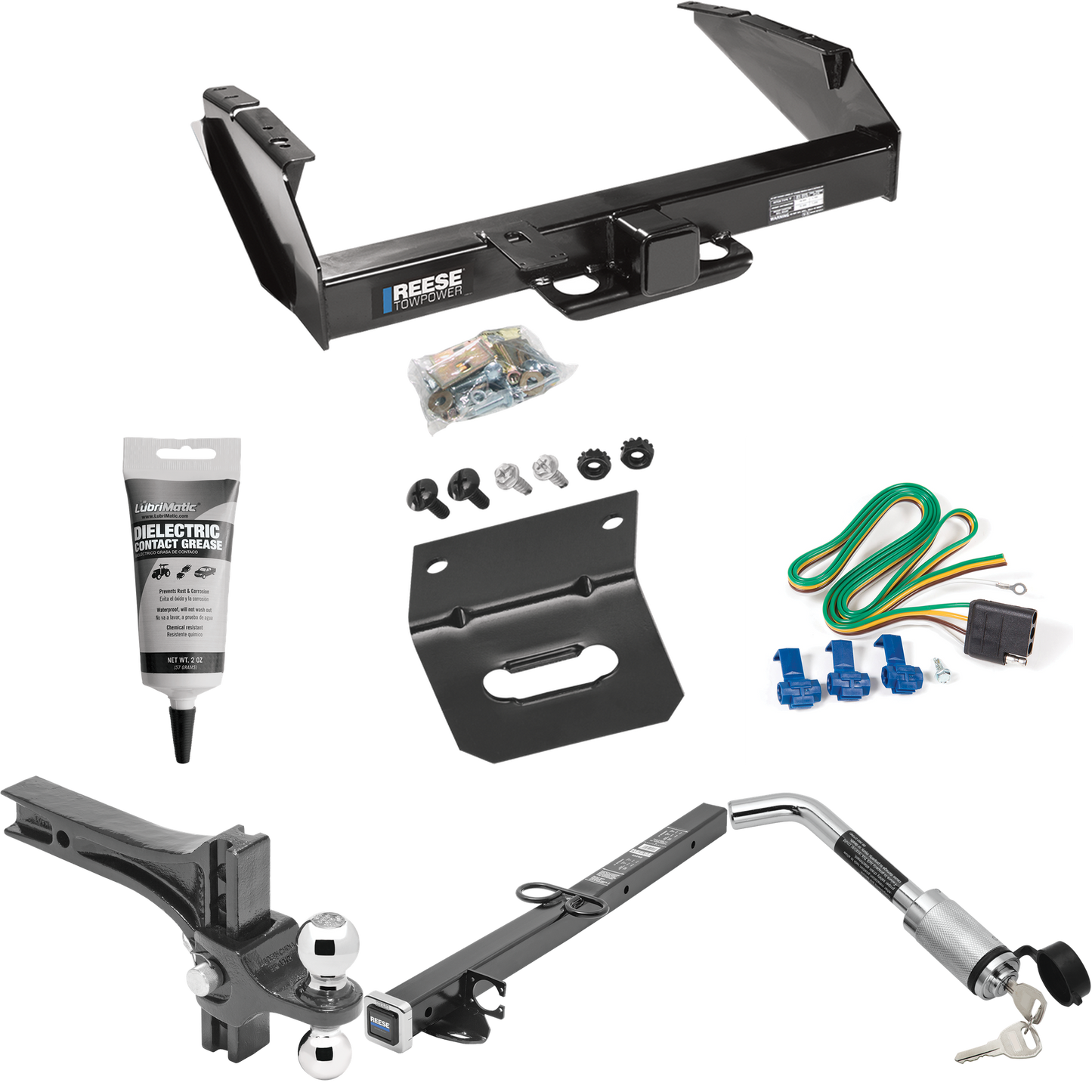 Fits 1980-1986 Ford F-250 Trailer Hitch Tow PKG w/ 4-Flat Wiring Harness + 2-1/2" to 2" Adapter 24" Length + Adjustable Drop Rise Dual Ball Ball Mount 2" & 2-5/16" Trailer Balls + Hitch Lock + Wiring Bracket + Electric Grease (Excludes: w/Custom Fasc