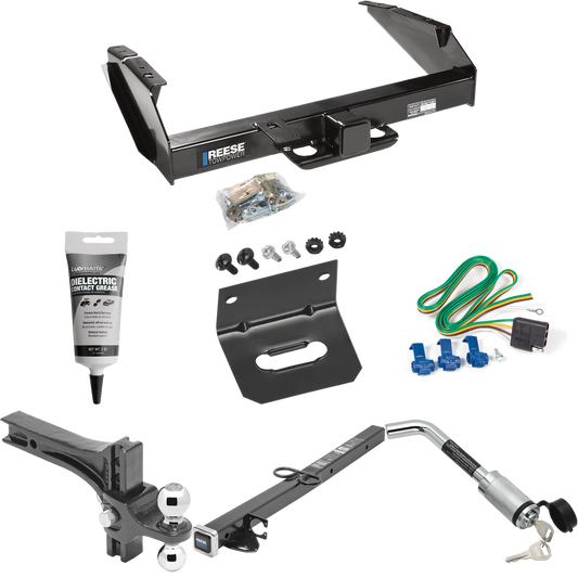 Fits 1980-1986 Ford F-250 Trailer Hitch Tow PKG w/ 4-Flat Wiring Harness + 2-1/2" to 2" Adapter 24" Length + Adjustable Drop Rise Dual Ball Ball Mount 2" & 2-5/16" Trailer Balls + Hitch Lock + Wiring Bracket + Electric Grease (Excludes: w/Custom Fasc