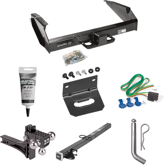 Fits 1980-1986 Ford F-350 Trailer Hitch Tow PKG w/ 4-Flat Wiring Harness + 2-1/2" to 2" Adapter 24" Length + Adjustable Drop Rise Triple Ball Ball Mount 1-7/8" & 2" & 2-5/16" Trailer Balls + Pin/Clip + Wiring Bracket + Electric Grease (Excludes: w/Cu