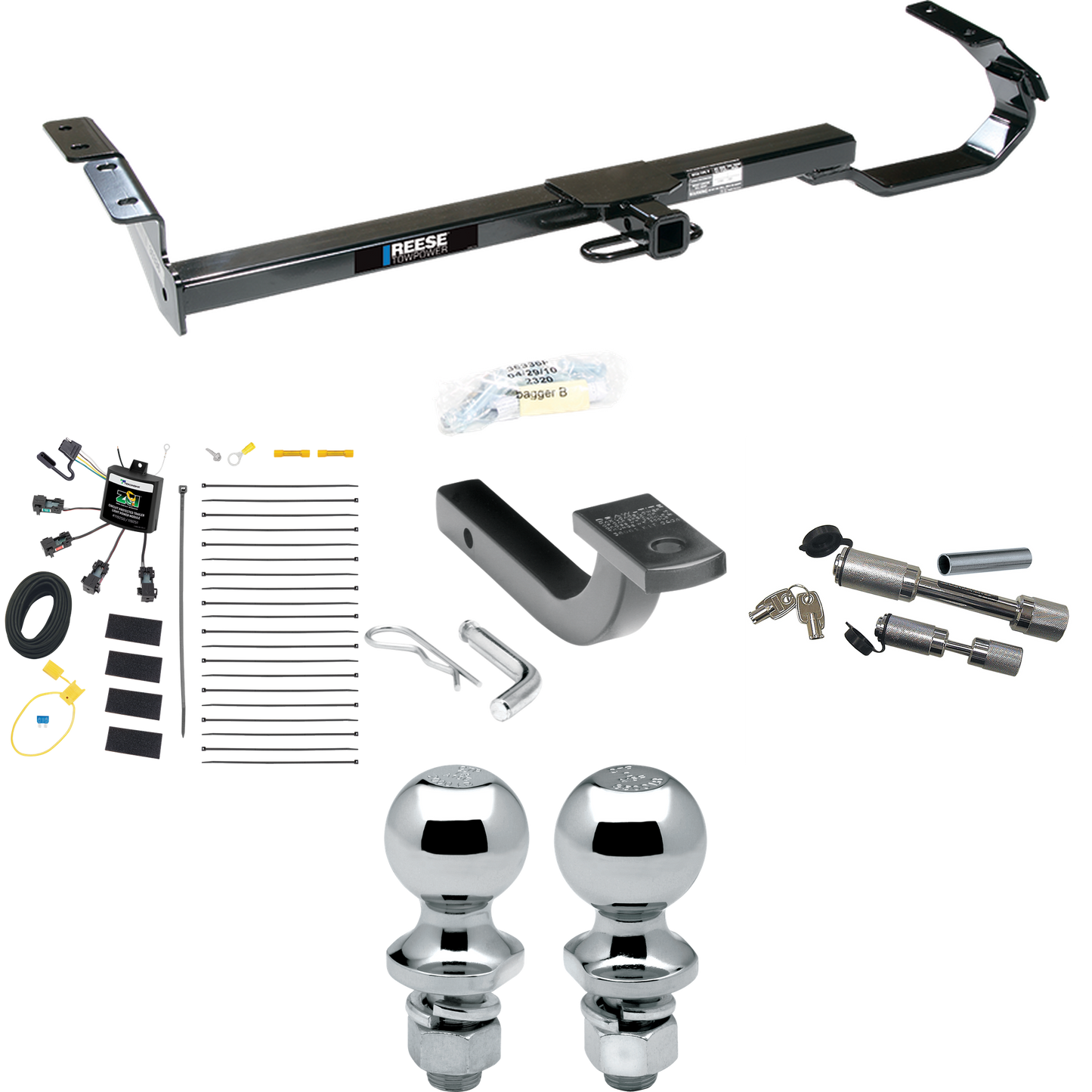 Se adapta al paquete de remolque con enganche de remolque Toyota Camry 1992-1996 con arnés de cableado "sin empalme" de 4 contactos planos cero + barra de tracción + bola de 1-7/8" + 2" + enganche doble y cerraduras de acoplador de Reese Towpower