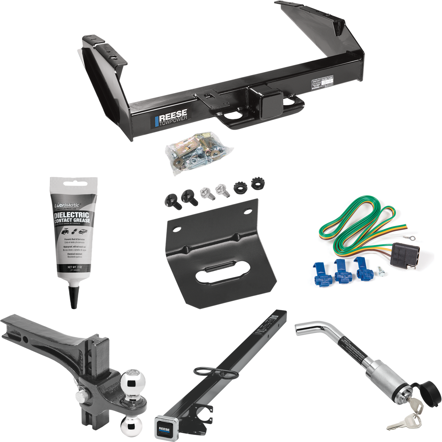 Fits 1980-1986 Ford F-350 Trailer Hitch Tow PKG w/ 4-Flat Wiring Harness + 2-1/2" to 2" Adapter 41" Length + Adjustable Drop Rise Dual Ball Ball Mount 2" & 2-5/16" Trailer Balls + Hitch Lock + Wiring Bracket + Electric Grease (Excludes: w/Custom Fasc