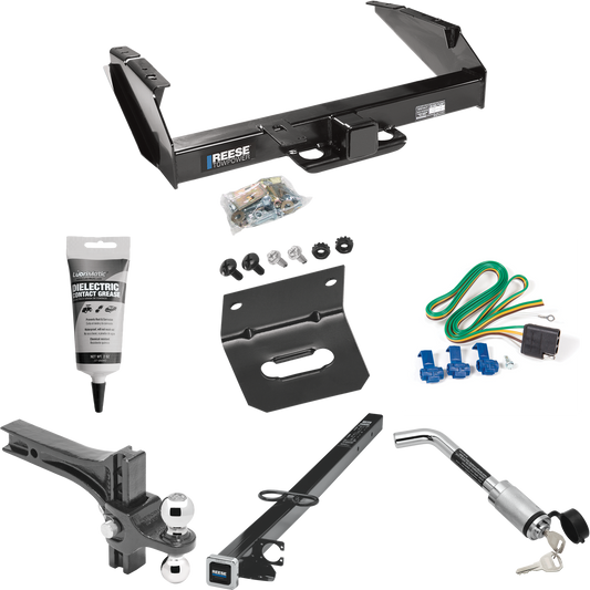 Fits 1980-1986 Ford F-350 Trailer Hitch Tow PKG w/ 4-Flat Wiring Harness + 2-1/2" to 2" Adapter 41" Length + Adjustable Drop Rise Dual Ball Ball Mount 2" & 2-5/16" Trailer Balls + Hitch Lock + Wiring Bracket + Electric Grease (Excludes: w/Custom Fasc