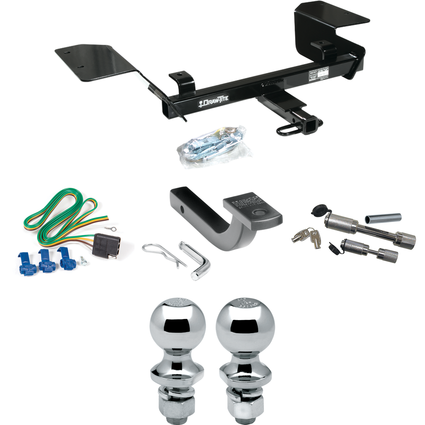 Fits 2000-2005 Chevrolet Impala Trailer Hitch Tow PKG w/ 4-Flat Wiring Harness + Draw-Bar + 1-7/8" + 2" Ball + Dual Hitch & Coupler Locks By Draw-Tite