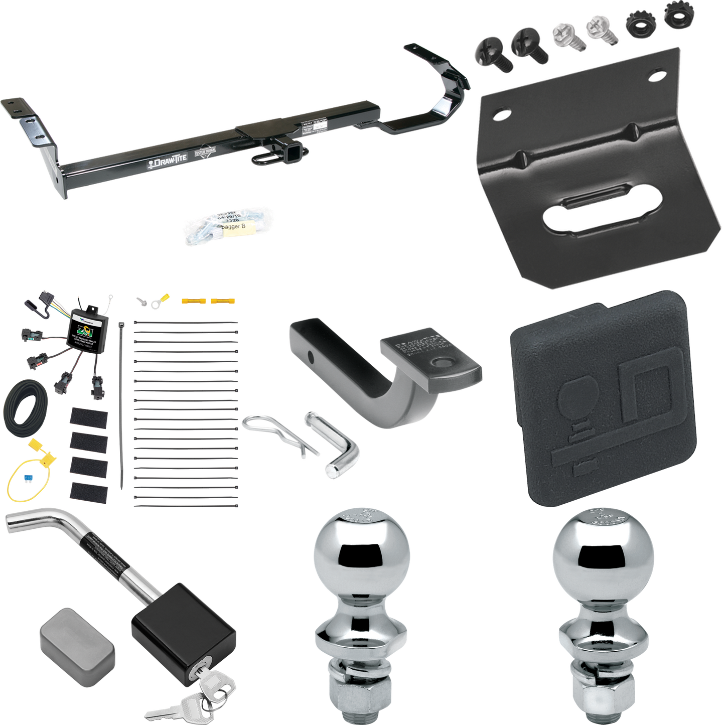 Fits 2004-2006 Lexus ES330 Trailer Hitch Tow PKG w/ 4-Flat Zero Contact "No Splice" Wiring Harness + Draw-Bar + 1-7/8" + 2" Ball + Wiring Bracket + Hitch Cover + Hitch Lock By Draw-Tite