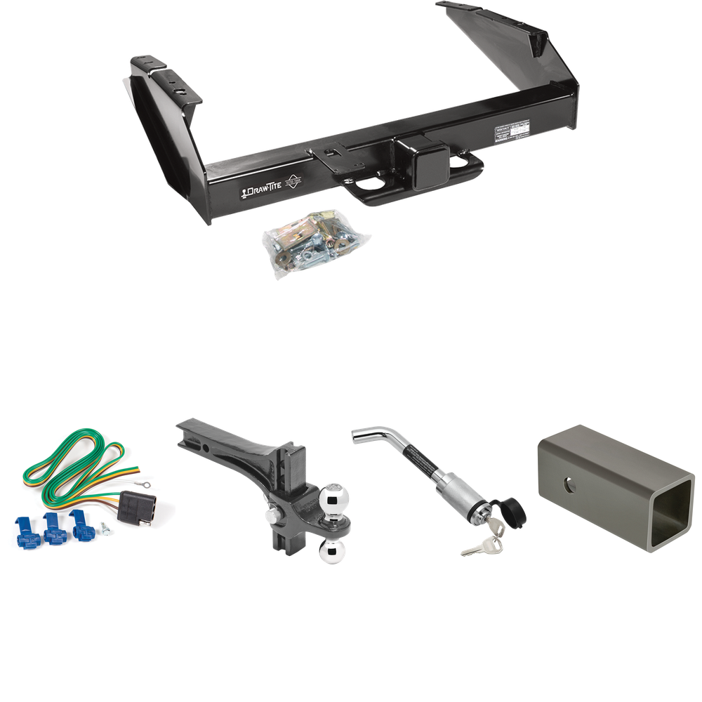 Fits 1980-1986 Ford F-350 Trailer Hitch Tow PKG w/ 4-Flat Wiring Harness + 2-1/2" to 2" Adapter 6" Length + Adjustable Drop Rise Dual Ball Ball Mount 2" & 2-5/16" Trailer Balls + Hitch Lock (Excludes: w/Custom Fascia Models) By Draw-Tite