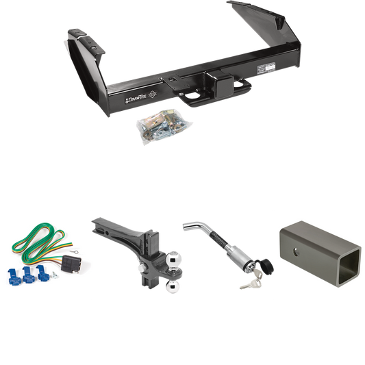 Fits 1980-1986 Ford F-350 Trailer Hitch Tow PKG w/ 4-Flat Wiring Harness + 2-1/2" to 2" Adapter 6" Length + Adjustable Drop Rise Dual Ball Ball Mount 2" & 2-5/16" Trailer Balls + Hitch Lock (Excludes: w/Custom Fascia Models) By Draw-Tite