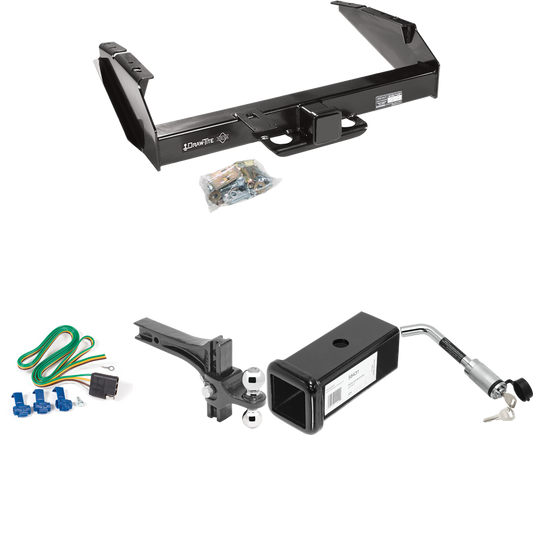 Fits 1980-1986 Ford F-250 Trailer Hitch Tow PKG w/ 4-Flat Wiring Harness + 2-1/2" to 2" Adapter 7" Length + Adjustable Drop Rise Dual Ball Ball Mount 2" & 2-5/16" Trailer Balls + Hitch Lock (Excludes: w/Custom Fascia Models) By Draw-Tite
