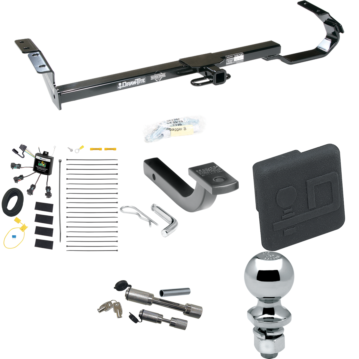 Fits 1997-2003 Lexus ES300 Trailer Hitch Tow PKG w/ 4-Flat Zero Contact "No Splice" Wiring Harness + Draw-Bar + 2" Ball + Hitch Cover + Dual Hitch & Coupler Locks By Draw-Tite