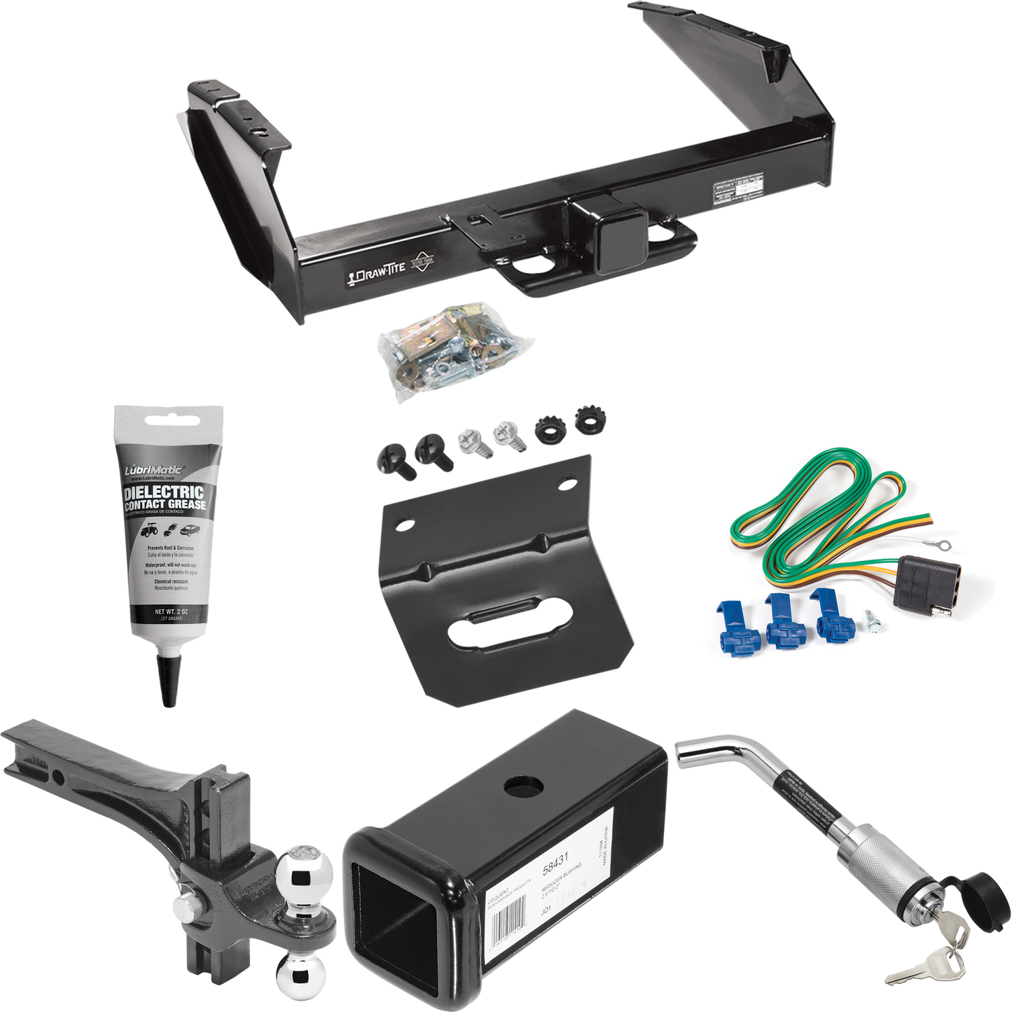 Fits 1980-1986 Ford F-250 Trailer Hitch Tow PKG w/ 4-Flat Wiring Harness + 2-1/2" to 2" Adapter 7" Length + Adjustable Drop Rise Dual Ball Ball Mount 2" & 2-5/16" Trailer Balls + Hitch Lock + Wiring Bracket + Electric Grease (Excludes: w/Custom Fasci