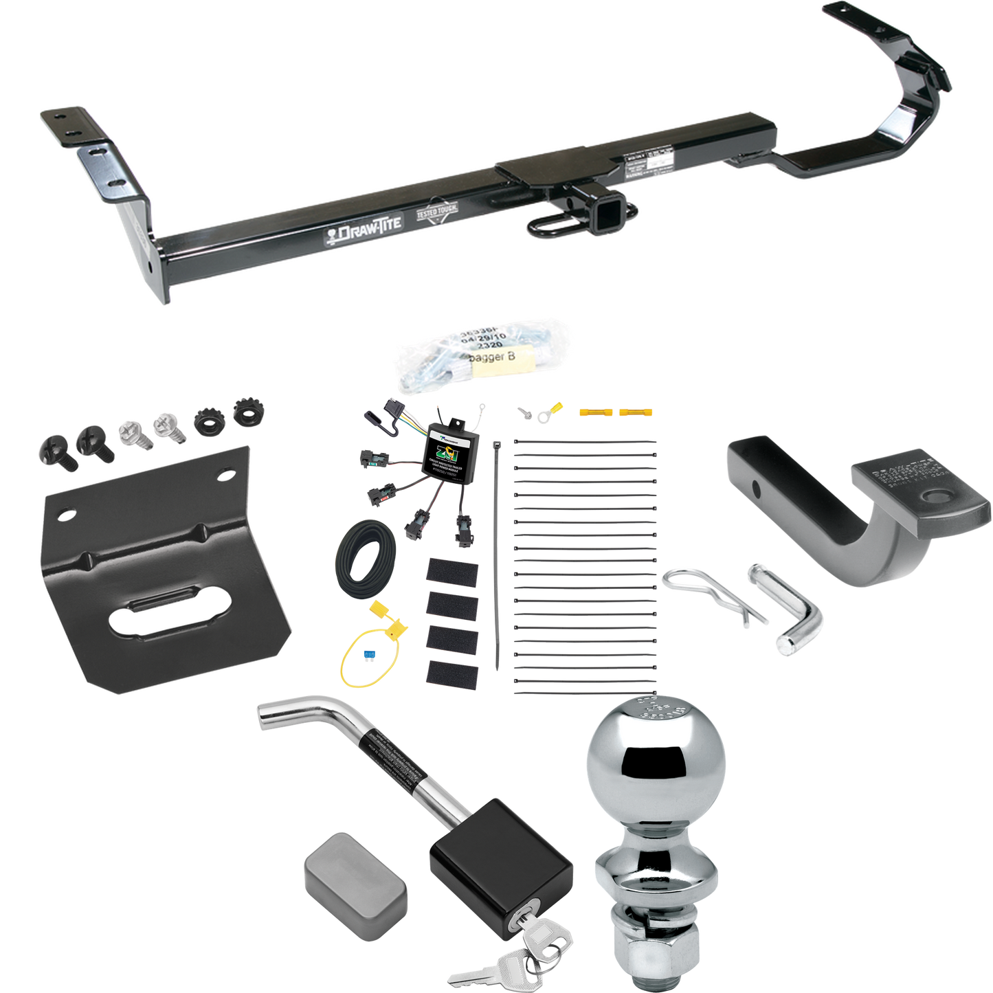 Se adapta al paquete de enganche de remolque Lexus ES300 1997-2003 con arnés de cableado de 4 contactos planos "sin empalme" + barra de tracción + bola de 2" + soporte de cableado + bloqueo de enganche de Draw-Tite