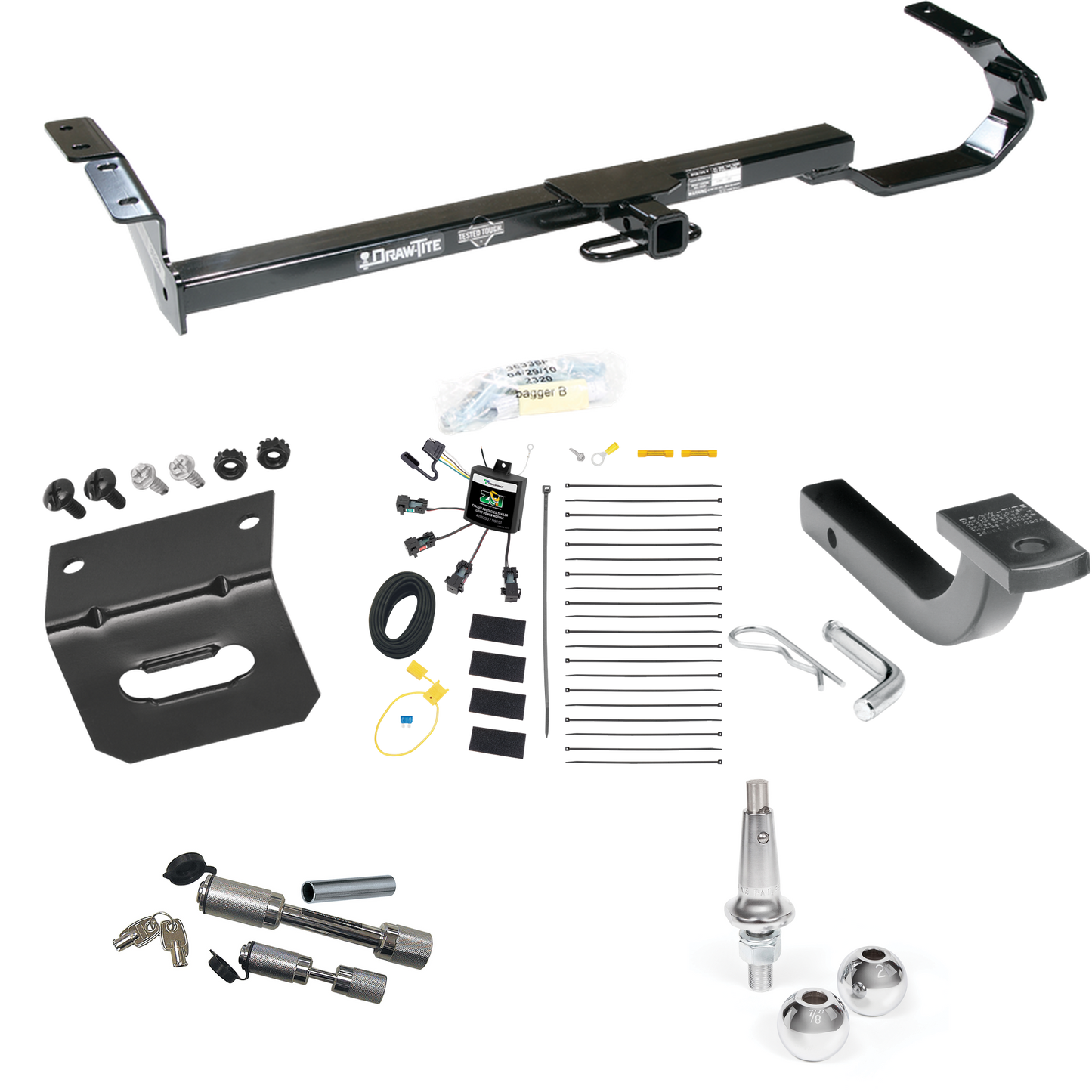 Fits 1997-2003 Lexus ES300 Trailer Hitch Tow PKG w/ 4-Flat Zero Contact "No Splice" Wiring Harness + Draw-Bar + Interchangeable 1-7/8" & 2" Balls + Wiring Bracket + Dual Hitch & Coupler Locks By Draw-Tite