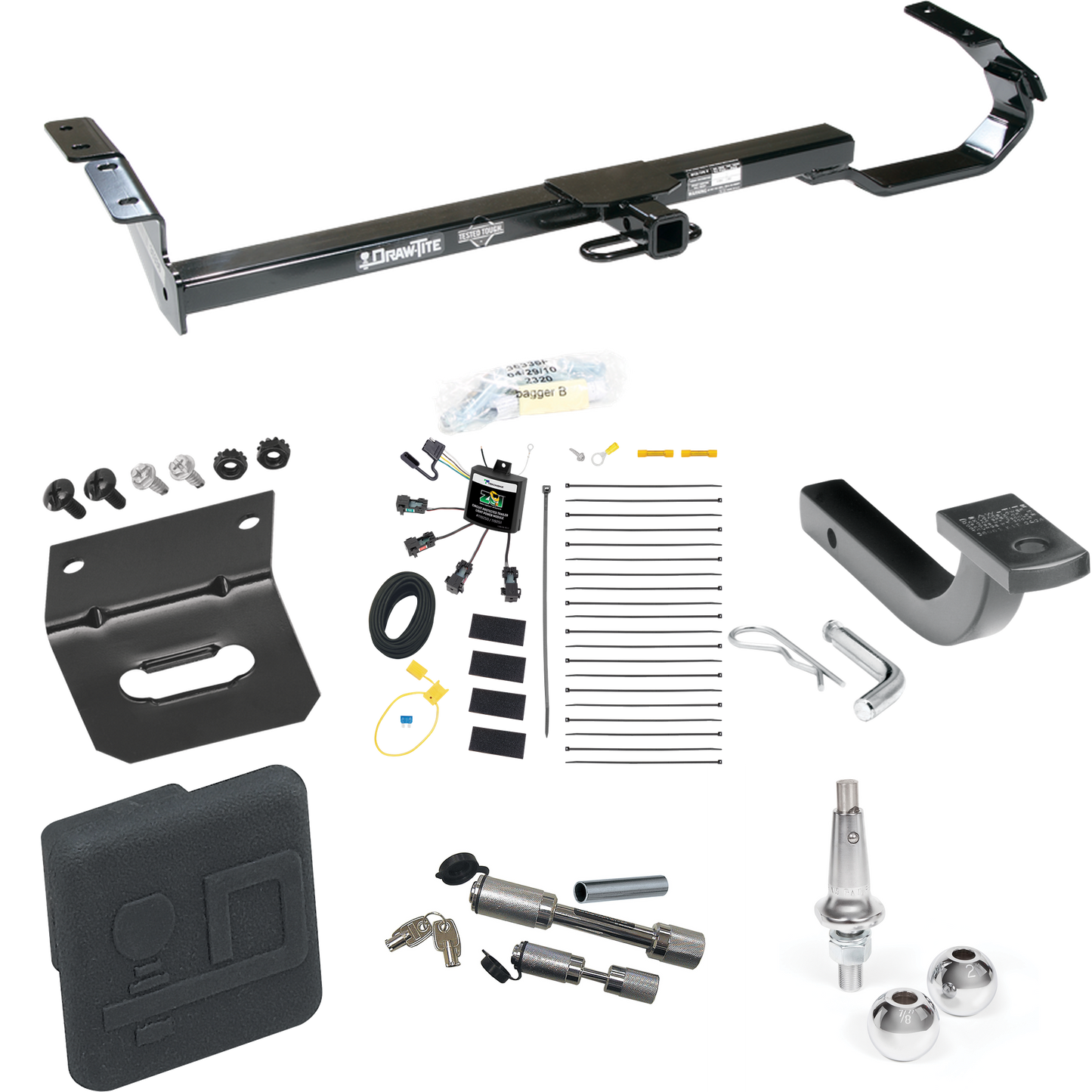 Fits 2004-2006 Lexus ES330 Trailer Hitch Tow PKG w/ 4-Flat Zero Contact "No Splice" Wiring Harness + Draw-Bar + Interchangeable 1-7/8" & 2" Balls + Wiring Bracket + Hitch Cover + Dual Hitch & Coupler Locks By Draw-Tite