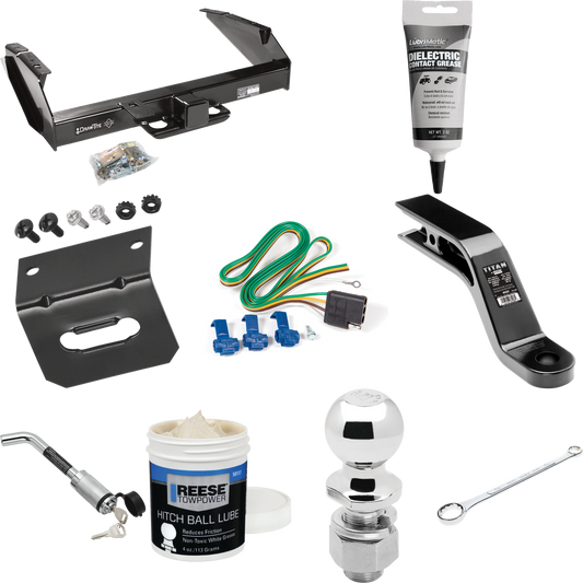 Fits 1980-1986 Ford F-250 Trailer Hitch Tow PKG w/ 4-Flat Wiring Harness + Ball Mount w/ 5" Drop + Hitch Lock + 2-5/16" Ball + Wiring Bracket + Electric Grease + Ball Wrench + Ball Lube (Excludes: w/Custom Fascia Models) By Draw-Tite