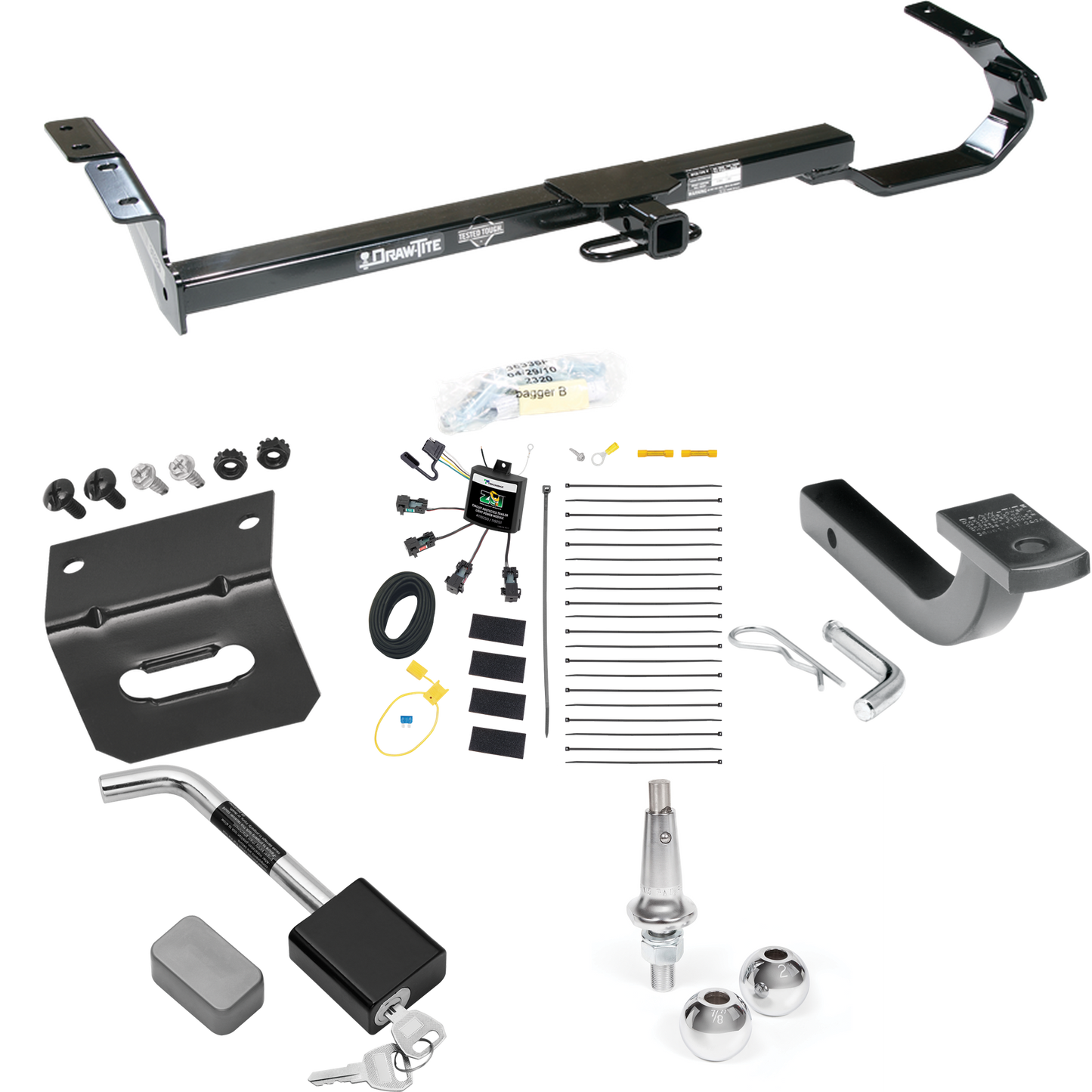 Fits 2004-2006 Lexus ES330 Trailer Hitch Tow PKG w/ 4-Flat Zero Contact "No Splice" Wiring Harness + Draw-Bar + Interchangeable 1-7/8" & 2" Balls + Wiring Bracket + Hitch Lock By Draw-Tite