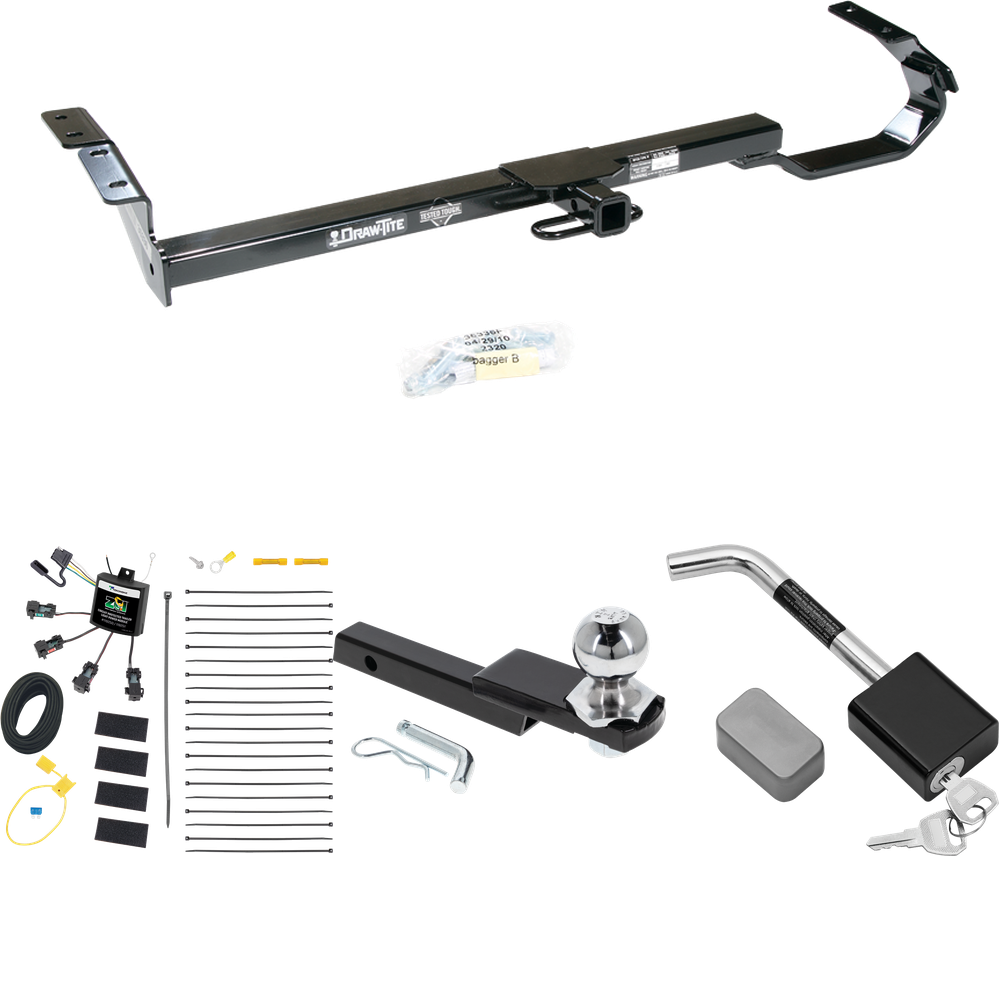 Fits 1997-2003 Lexus ES300 Trailer Hitch Tow PKG w/ 4-Flat Zero Contact "No Splice" Wiring Harness + Interlock Starter Kit w/ 2" Ball 1-1/4" Drop 3/4" Rise + Hitch Lock By Draw-Tite