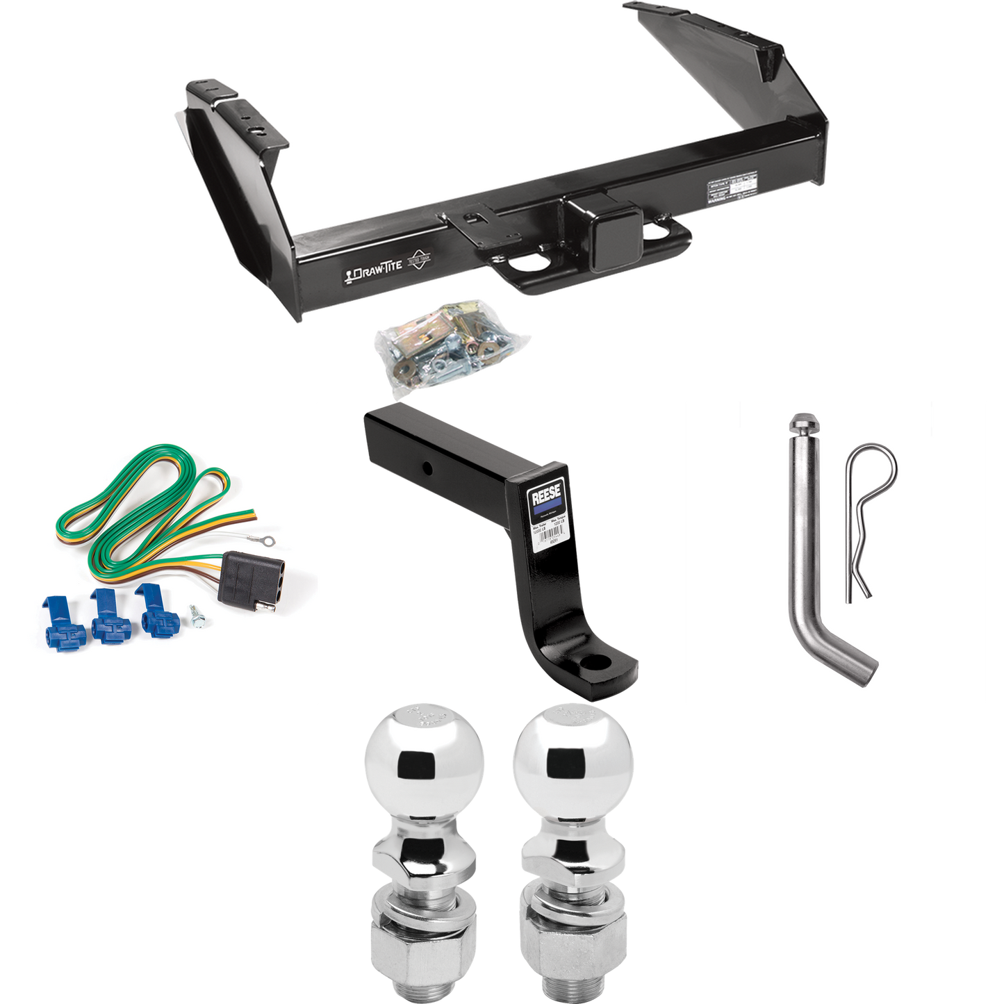 Fits 1980-1986 Ford F-350 Trailer Hitch Tow PKG w/ 4-Flat Wiring Harness + Ball Mount w/ 7-3/4" Drop + Pin/Clip + 2" Ball + 2-5/16" Ball (Excludes: w/Custom Fascia Models) By Draw-Tite