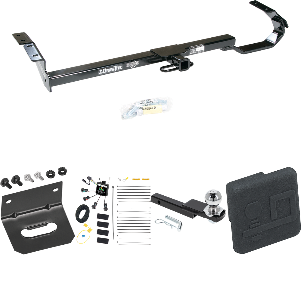 Fits 2004-2006 Lexus ES330 Trailer Hitch Tow PKG w/ 4-Flat Zero Contact "No Splice" Wiring Harness + Interlock Starter Kit w/ 2" Ball 1-1/4" Drop 3/4" Rise + Wiring Bracket + Hitch Cover By Draw-Tite