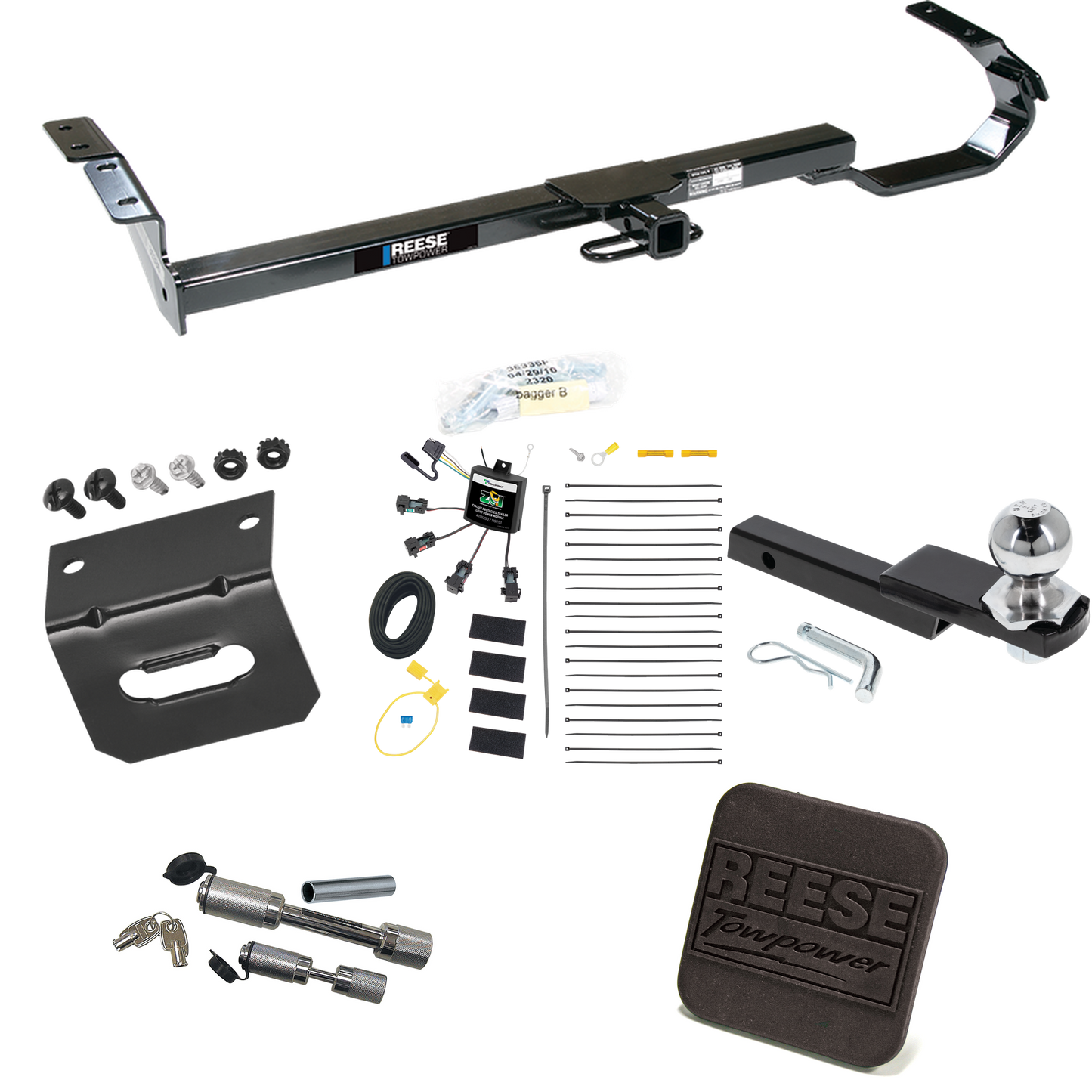 Fits 1992-1996 Toyota Camry Trailer Hitch Tow PKG w/ 4-Flat Zero Contact "No Splice" Wiring Harness + Interlock Starter Kit w/ 2" Ball 1-1/4" Drop 3/4" Rise + Wiring Bracket + Hitch Cover + Dual Hitch & Coupler Locks By Reese Towpower