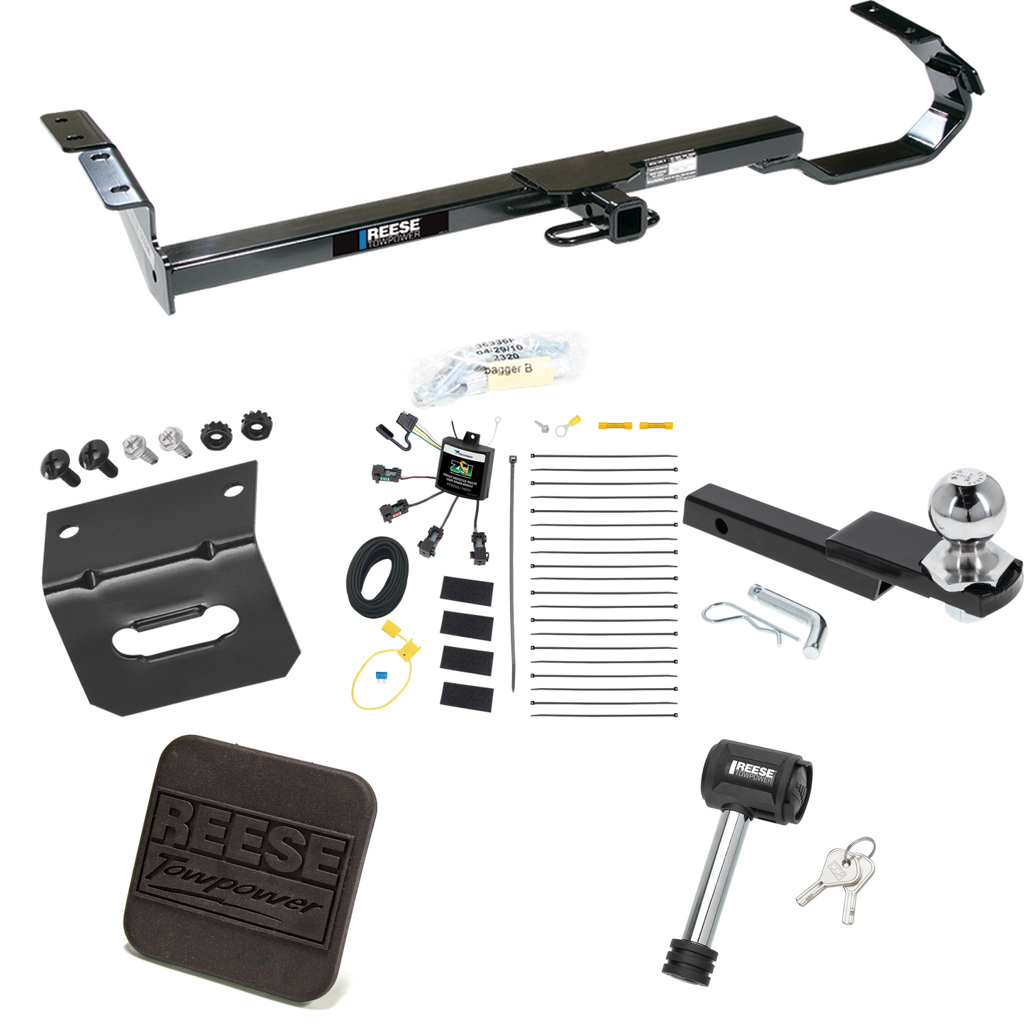 Fits 1997-2003 Lexus ES300 Trailer Hitch Tow PKG w/ 4-Flat Zero Contact "No Splice" Wiring Harness + Interlock Starter Kit w/ 2" Ball 1-1/4" Drop 3/4" Rise + Wiring Bracket + Hitch Cover + Hitch Lock By Reese Towpower