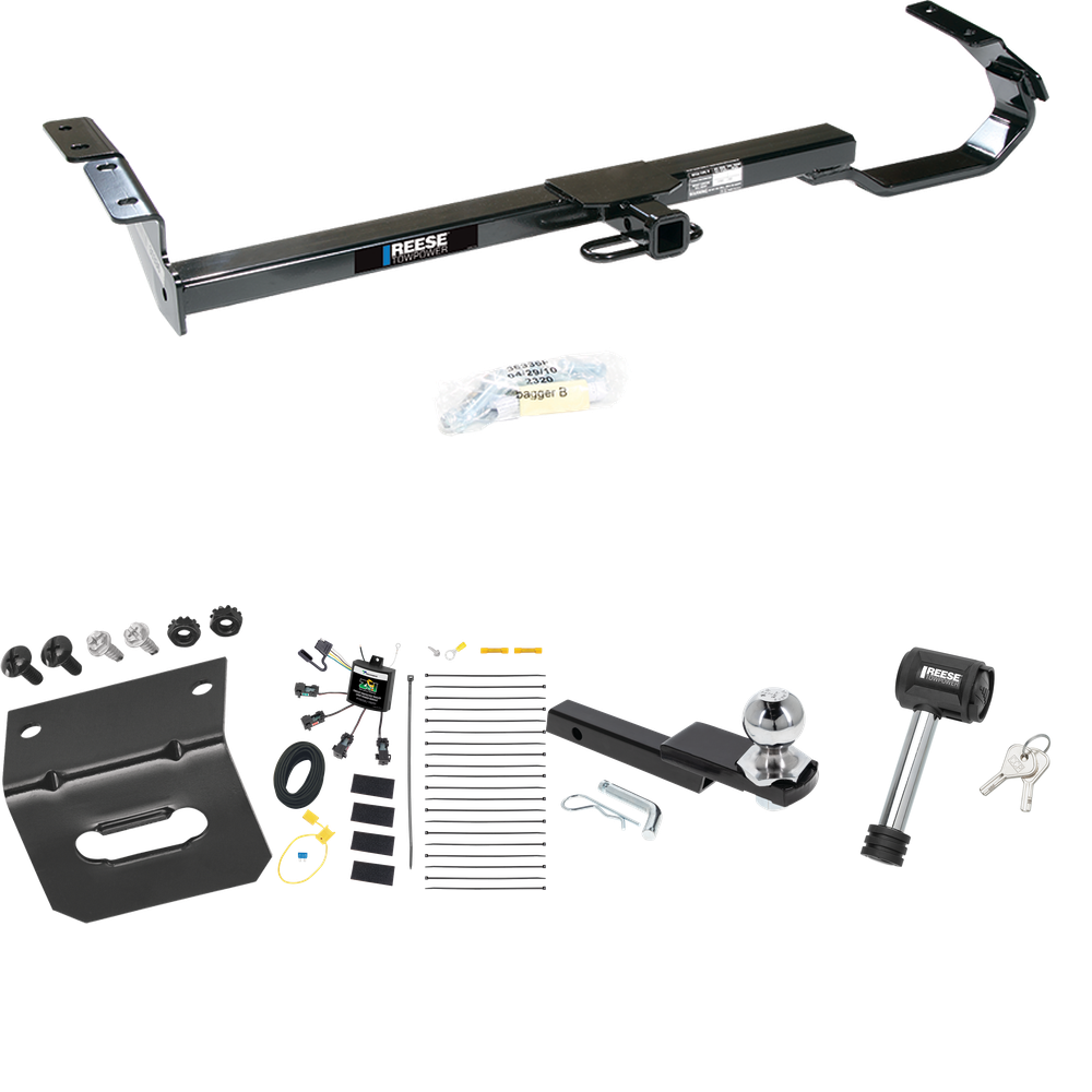 Fits 1997-2003 Lexus ES300 Trailer Hitch Tow PKG w/ 4-Flat Zero Contact "No Splice" Wiring Harness + Interlock Starter Kit w/ 2" Ball 1-1/4" Drop 3/4" Rise + Wiring Bracket + Hitch Lock By Reese Towpower