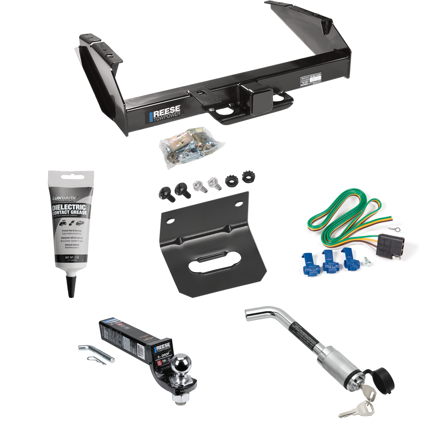 Fits 1980-1986 Ford F-250 Trailer Hitch Tow PKG w/ 4-Flat Wiring Harness + Interlock Ball Mount Starter Kit 3" Drop w/ 2" Ball + Hitch Lock + Wiring Bracket + Electric Grease (Excludes: w/Custom Fascia Models) By Reese Towpower