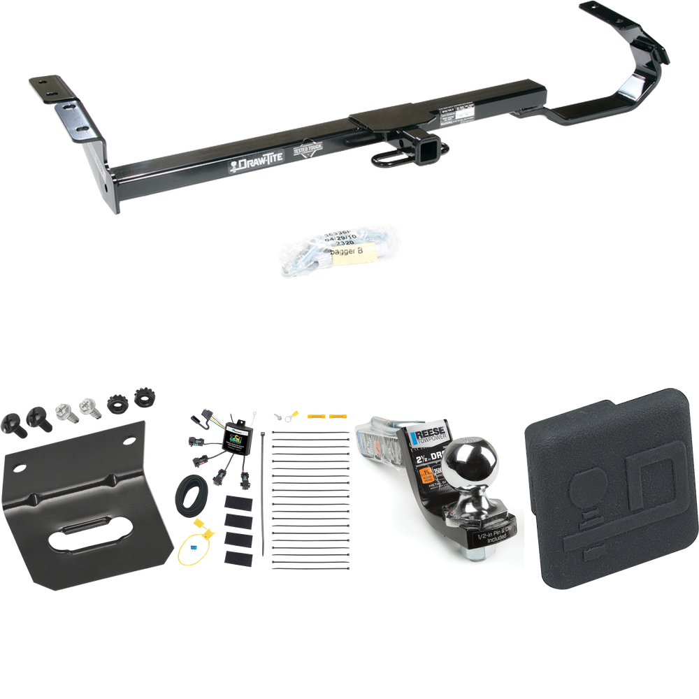 Fits 1997-2003 Lexus ES300 Trailer Hitch Tow PKG w/ 4-Flat Zero Contact "No Splice" Wiring Harness + Interlock Starter Kit w/ 2" Ball 2-1/2" Drop 2" Rise + Wiring Bracket + Hitch Cover By Draw-Tite