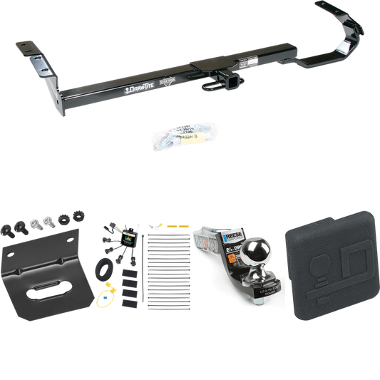 Fits 1997-2003 Lexus ES300 Trailer Hitch Tow PKG w/ 4-Flat Zero Contact "No Splice" Wiring Harness + Interlock Starter Kit w/ 2" Ball 2-1/2" Drop 2" Rise + Wiring Bracket + Hitch Cover By Draw-Tite