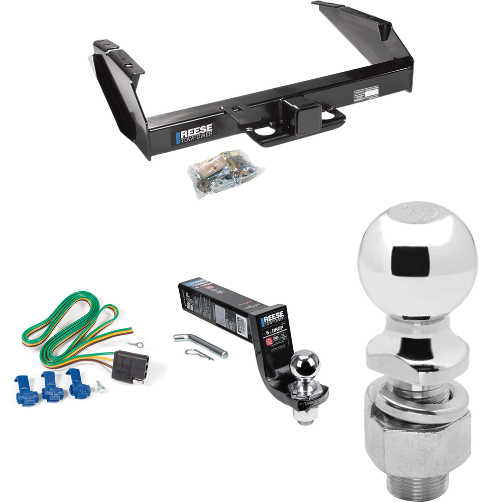 Fits 1980-1986 Ford F-350 Trailer Hitch Tow PKG w/ 4-Flat Wiring Harness + Interlock Ball Mount Starter Kit 5" Drop w/ 2" Ball + 2-5/16" Ball (Excludes: w/Custom Fascia Models) By Reese Towpower