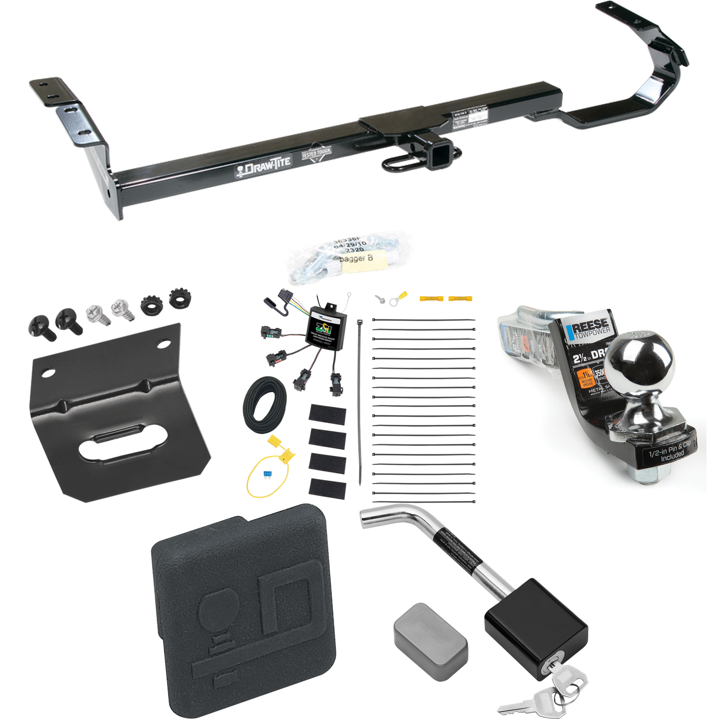 Fits 1997-2003 Lexus ES300 Trailer Hitch Tow PKG w/ 4-Flat Zero Contact "No Splice" Wiring Harness + Interlock Starter Kit w/ 2" Ball 2-1/2" Drop 2" Rise + Wiring Bracket + Hitch Cover + Hitch Lock By Draw-Tite