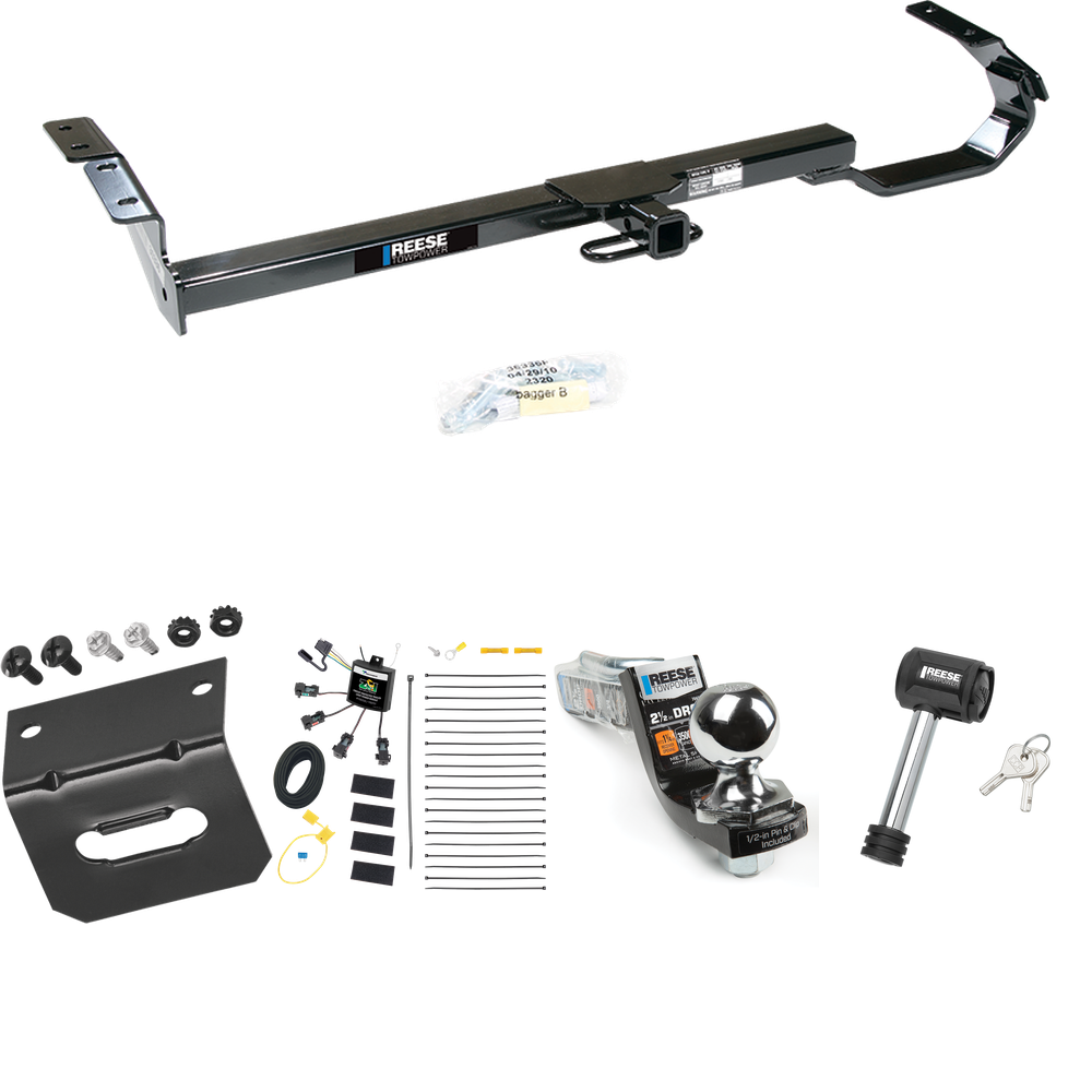 Fits 1997-2003 Lexus ES300 Trailer Hitch Tow PKG w/ 4-Flat Zero Contact "No Splice" Wiring Harness + Interlock Starter Kit w/ 2" Ball 2-1/2" Drop 2" Rise + Wiring Bracket + Hitch Lock By Reese Towpower