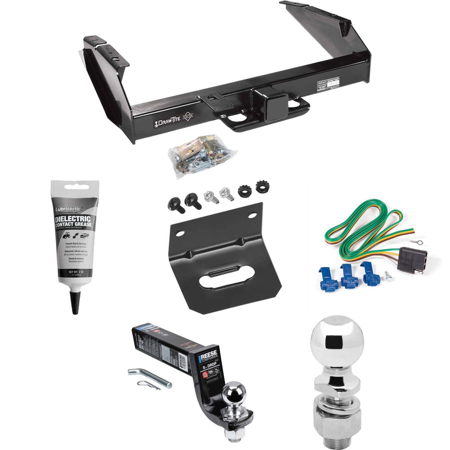 Fits 1980-1986 Ford F-250 Trailer Hitch Tow PKG w/ 4-Flat Wiring Harness + Interlock Ball Mount Starter Kit 5" Drop w/ 2" Ball + 2-5/16" Ball + Wiring Bracket + Electric Grease (Excludes: w/Custom Fascia Models) By Draw-Tite
