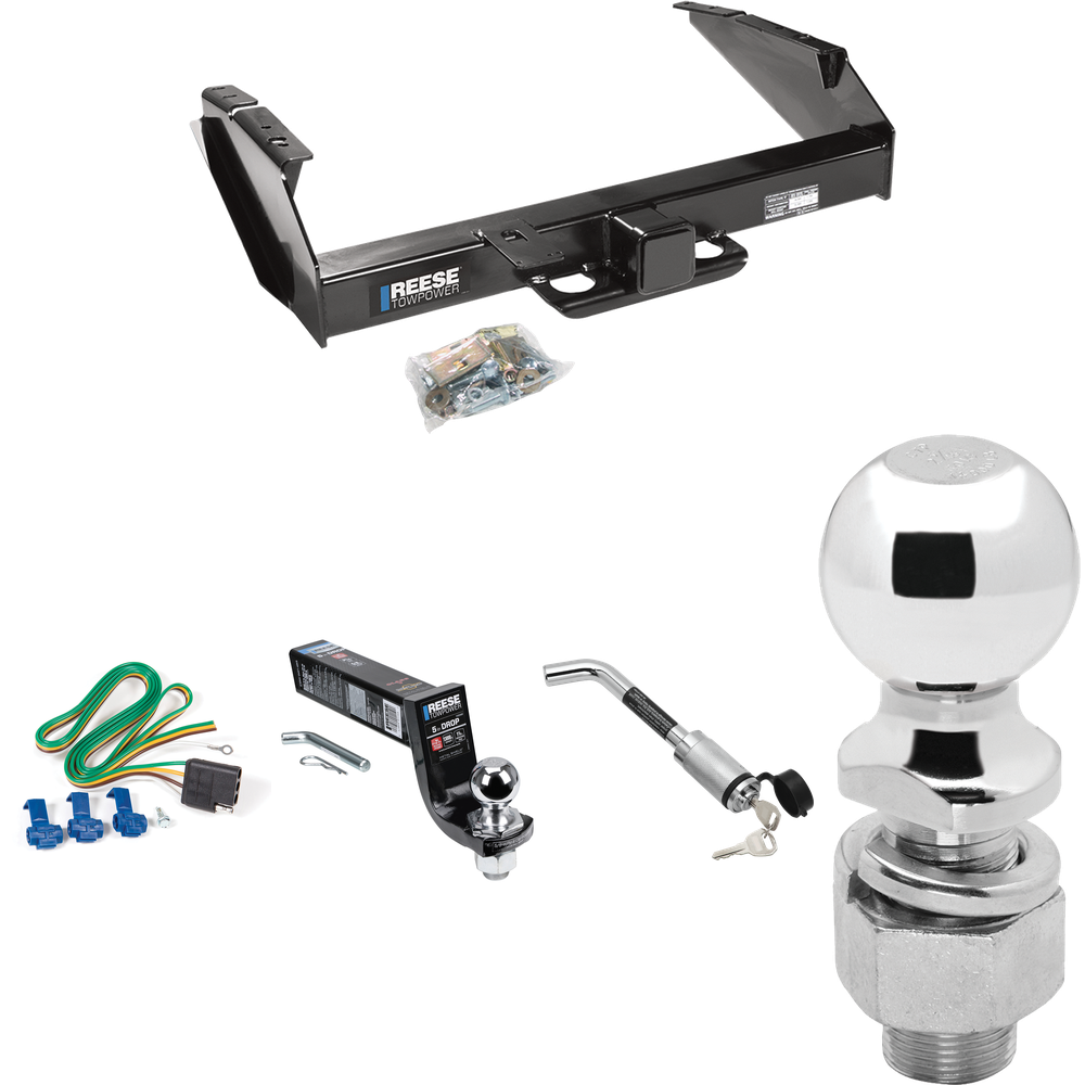 Fits 1980-1986 Ford F-250 Trailer Hitch Tow PKG w/ 4-Flat Wiring Harness + Interlock Ball Mount Starter Kit 5" Drop w/ 2" Ball + Hitch Lock + 2-5/16" Ball + Hitch Lock (Excludes: w/Custom Fascia Models) By Reese Towpower
