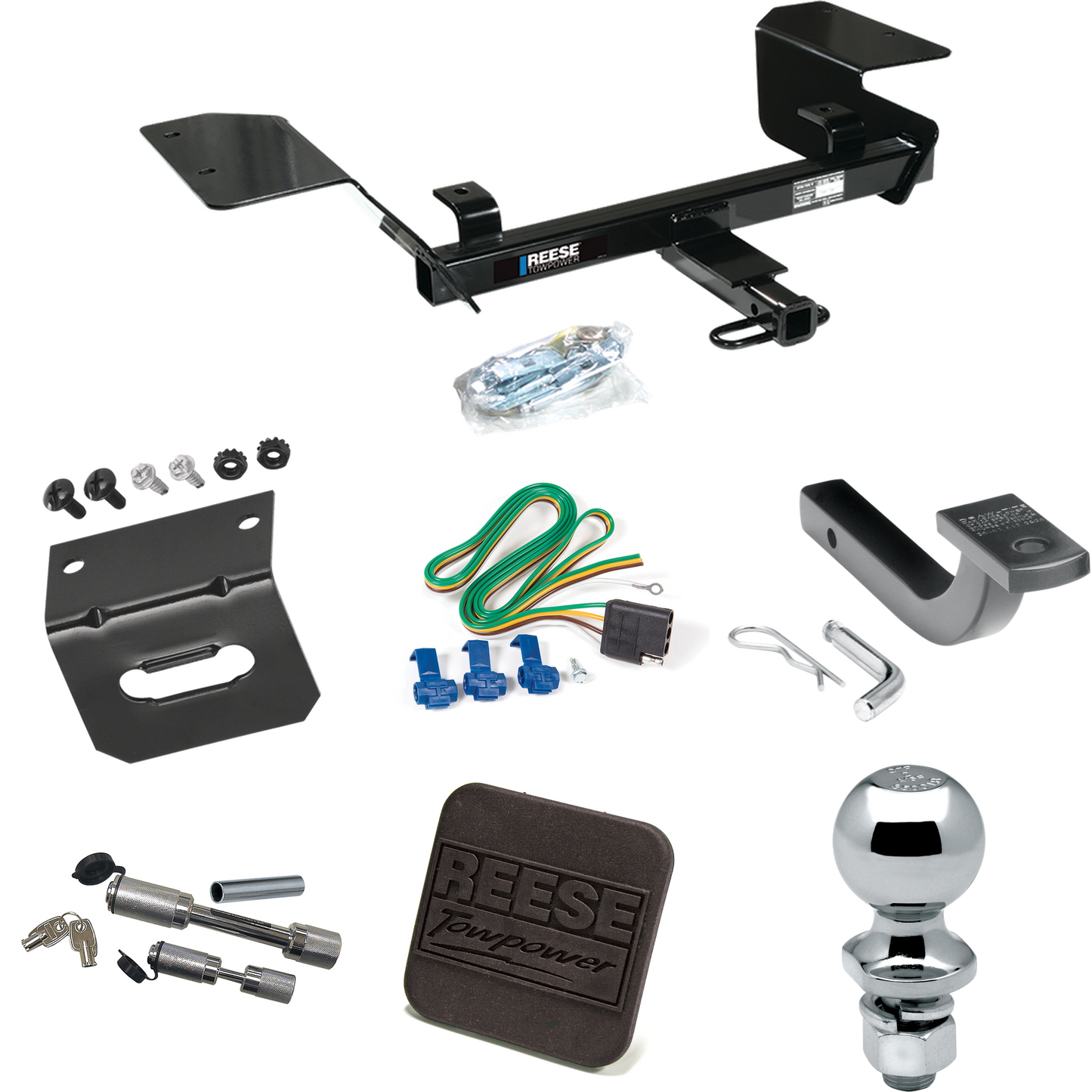 Fits 2000-2005 Chevrolet Impala Trailer Hitch Tow PKG w/ 4-Flat Wiring Harness + Draw-Bar + 2" Ball + Wiring Bracket + Hitch Cover + Dual Hitch & Coupler Locks By Reese Towpower