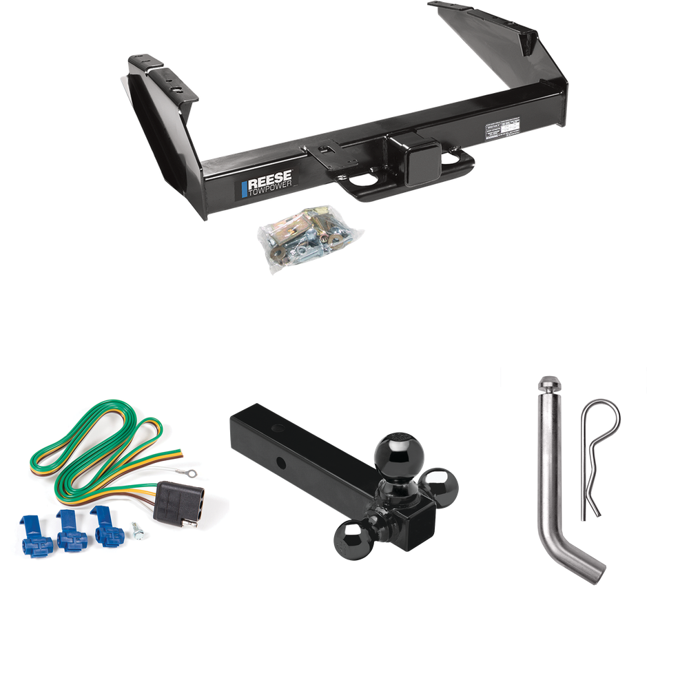 Fits 1980-1986 Ford F-350 Trailer Hitch Tow PKG w/ 4-Flat Wiring Harness + Triple Ball Ball Mount 1-7/8" & 2" & 2-5/16" Trailer Balls + Pin/Clip (Excludes: w/Custom Fascia Models) By Reese Towpower