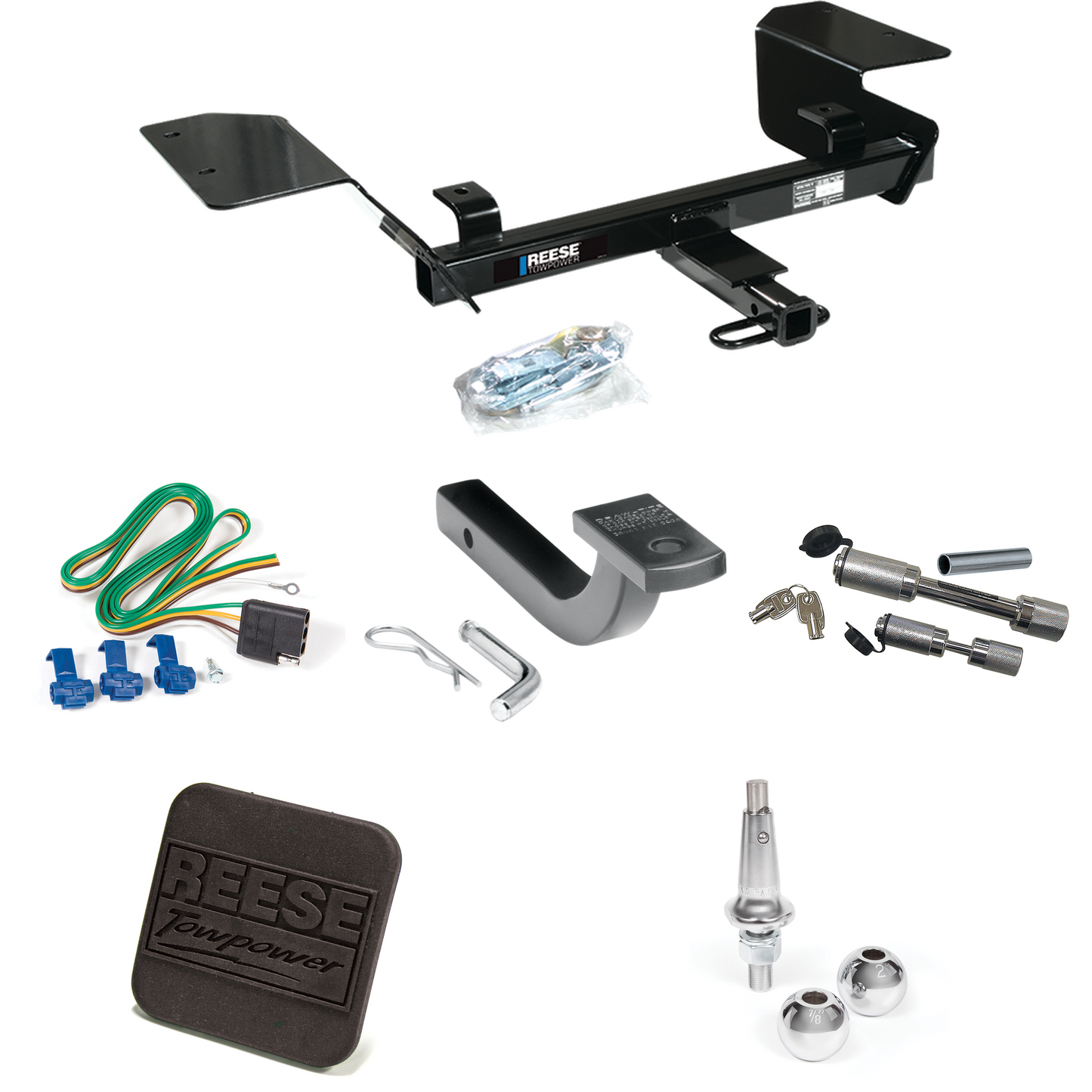 Fits 2000-2005 Chevrolet Impala Trailer Hitch Tow PKG w/ 4-Flat Wiring Harness + Draw-Bar + Interchangeable 1-7/8" & 2" Balls + Hitch Cover + Dual Hitch & Coupler Locks By Reese Towpower