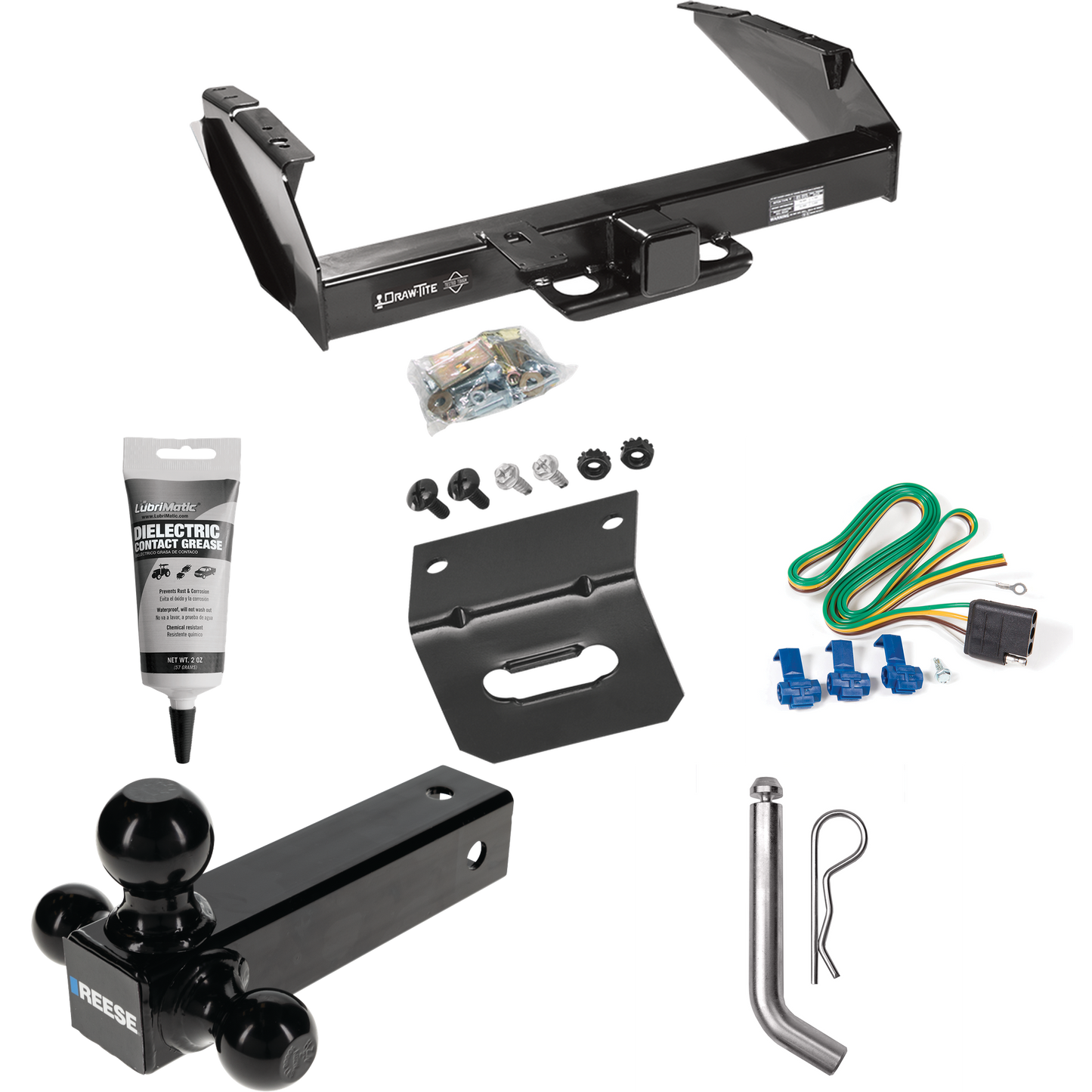 Fits 1980-1986 Ford F-250 Trailer Hitch Tow PKG w/ 4-Flat Wiring Harness + Triple Ball Ball Mount 1-7/8" & 2" & 2-5/16" Trailer Balls + Pin/Clip + Wiring Bracket + Electric Grease (Excludes: w/Custom Fascia Models) By Draw-Tite