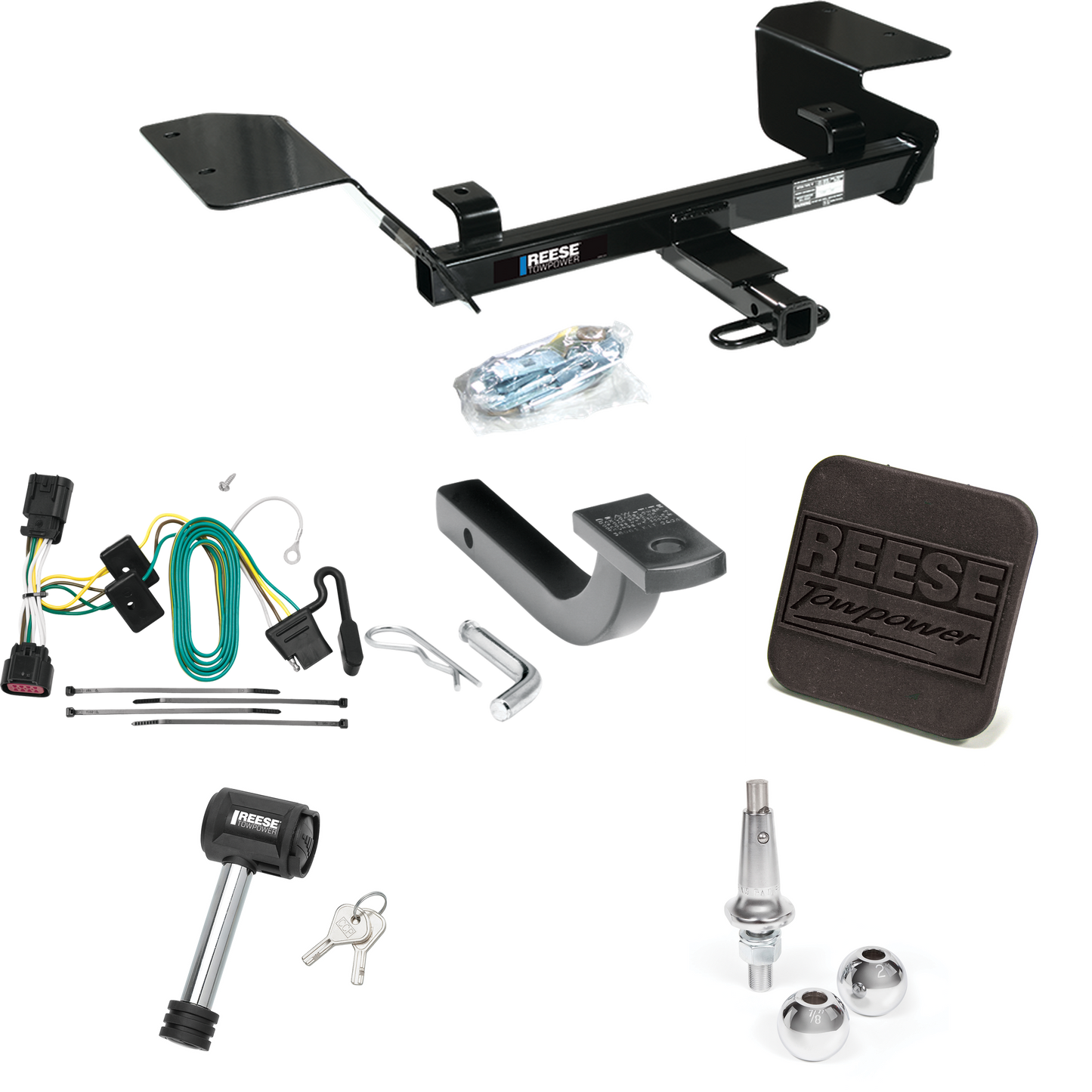 Fits 2006-2013 Chevrolet Impala Trailer Hitch Tow PKG w/ 4-Flat Wiring Harness + Draw-Bar + Interchangeable 1-7/8" & 2" Balls + Hitch Cover + Hitch Lock By Reese Towpower