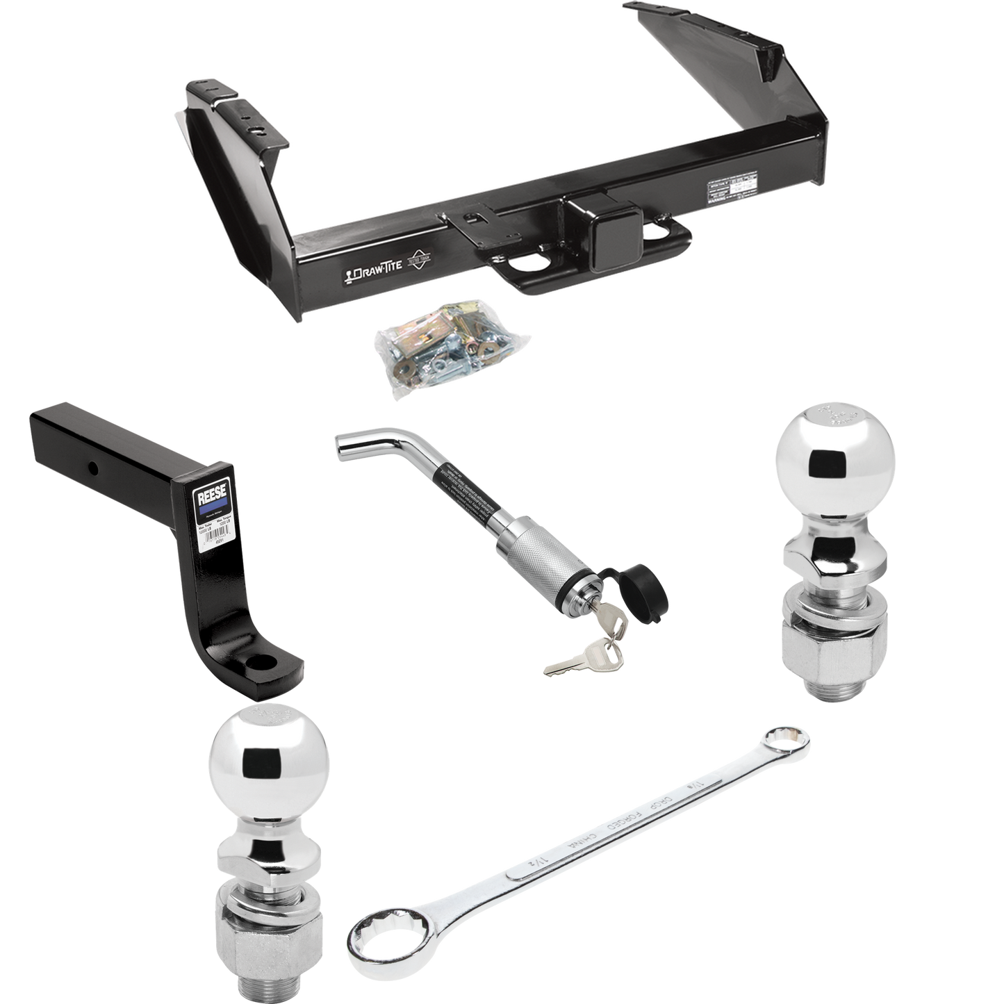 Fits 1980-1986 Ford F-250 Trailer Hitch Tow PKG w/ Ball Mount w/ 7-3/4" Drop + Hitch Lock + 2" Ball + 2-5/16" Ball + Ball Wrench + Ball Lube (Excludes: w/Custom Fascia Models) By Draw-Tite