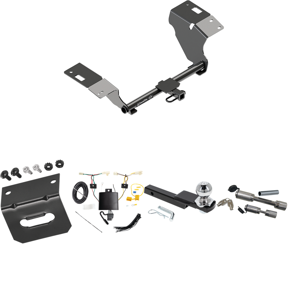 Fits 2019-2023 Lexus ES300h Trailer Hitch Tow PKG w/ 4-Flat Wiring Harness + Interlock Starter Kit w/ 2" Ball 1-1/4" Drop 3/4" Rise + Wiring Bracket + Dual Hitch & Coupler Locks By Draw-Tite