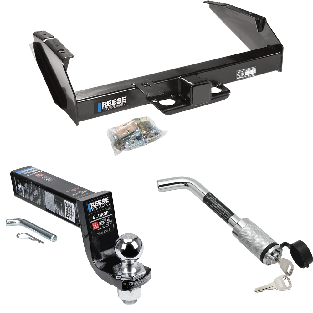 Fits 1980-1986 Ford F-350 Trailer Hitch Tow PKG w/ Interlock Ball Mount Starter Kit 5" Drop w/ 2" Ball + Hitch Lock (Excludes: w/Custom Fascia Models) By Reese Towpower