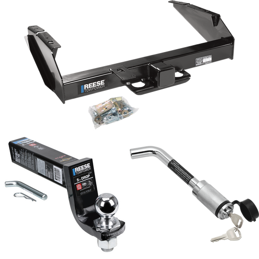 Fits 1980-1986 Ford F-350 Trailer Hitch Tow PKG w/ Interlock Ball Mount Starter Kit 5" Drop w/ 2" Ball + Hitch Lock (Excludes: w/Custom Fascia Models) By Reese Towpower