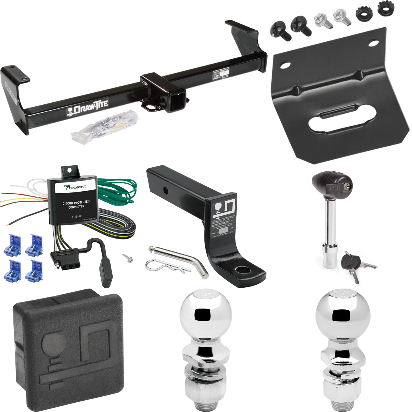 Fits 1999-2005 Suzuki Grand Vitara Trailer Hitch Tow PKG w/ 4-Flat Wiring + Ball Mount w/ 4" Drop + 2" Ball + 2-5/16" Ball + Wiring Bracket + Hitch Lock + Hitch Cover By Draw-Tite