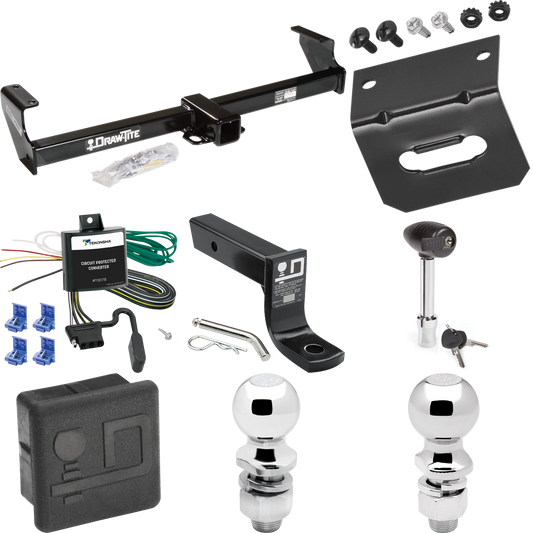 Fits 1999-2005 Suzuki Grand Vitara Trailer Hitch Tow PKG w/ 4-Flat Wiring + Ball Mount w/ 4" Drop + 2" Ball + 2-5/16" Ball + Wiring Bracket + Hitch Lock + Hitch Cover By Draw-Tite